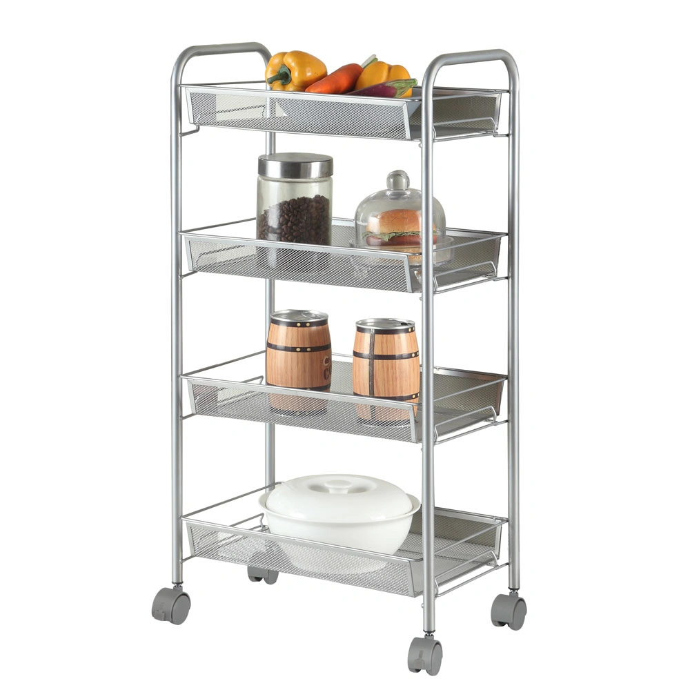 Silver Honeycomb Mesh 4-Layer Removable Storage Cart - Multi-Tier Rolling Organizer with Mesh Design view 2