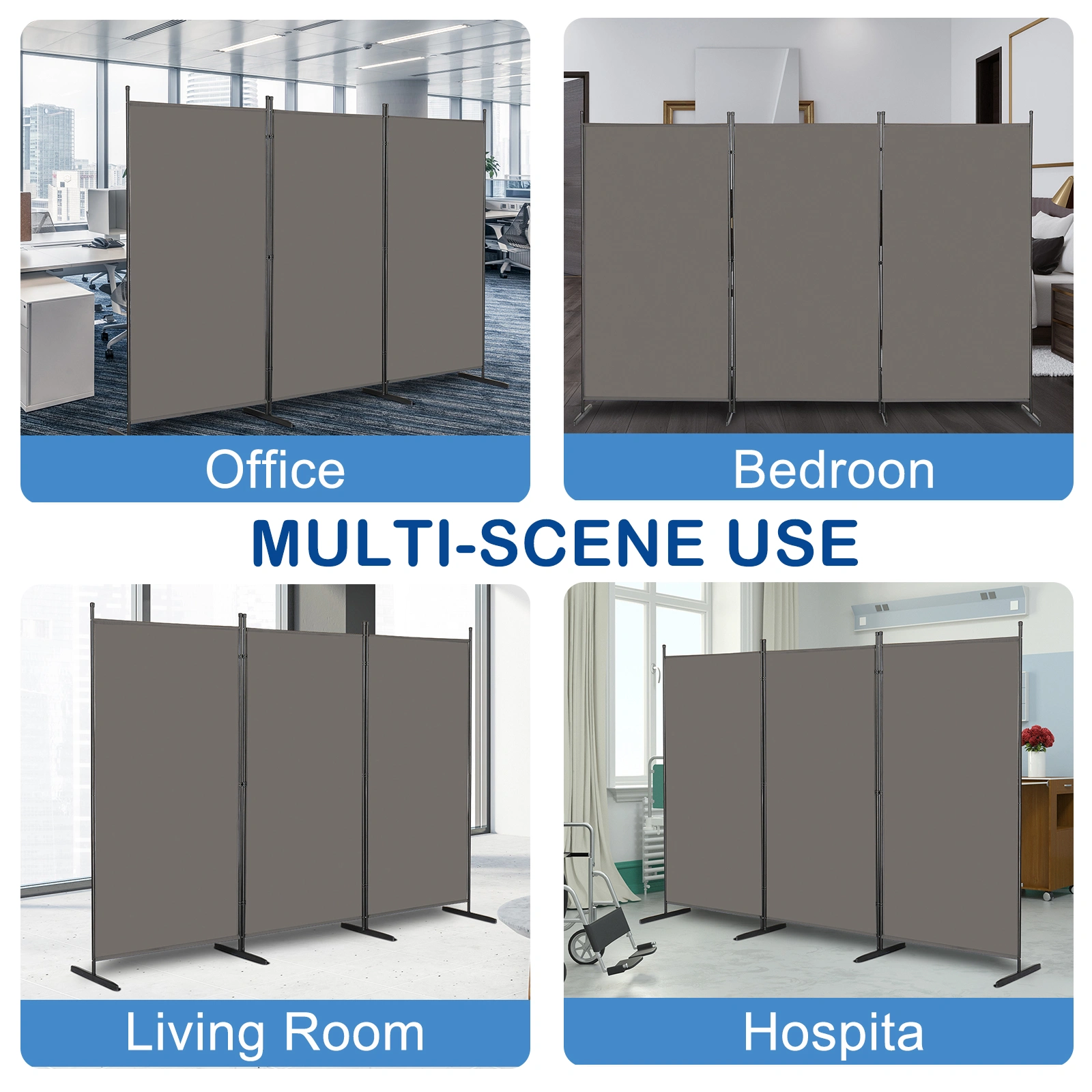 6FT Trifold Room Divider Screen, 130g Polyester, Carbon Steel Frame, Foldable Portable Privacy Divider with Plastic Feet, Gray view 2