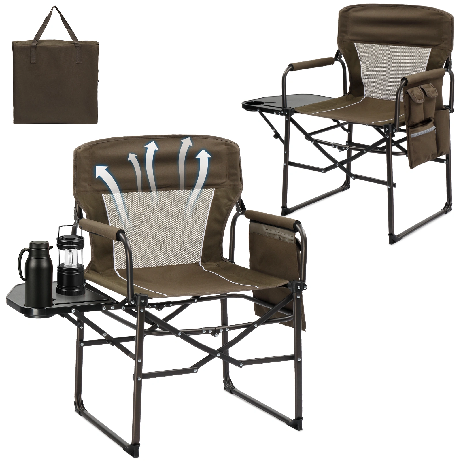 Folding Camping Directors Chair Portable Outdoor Chair w/ Cup Holder Side Table Storage Pocket, Brown