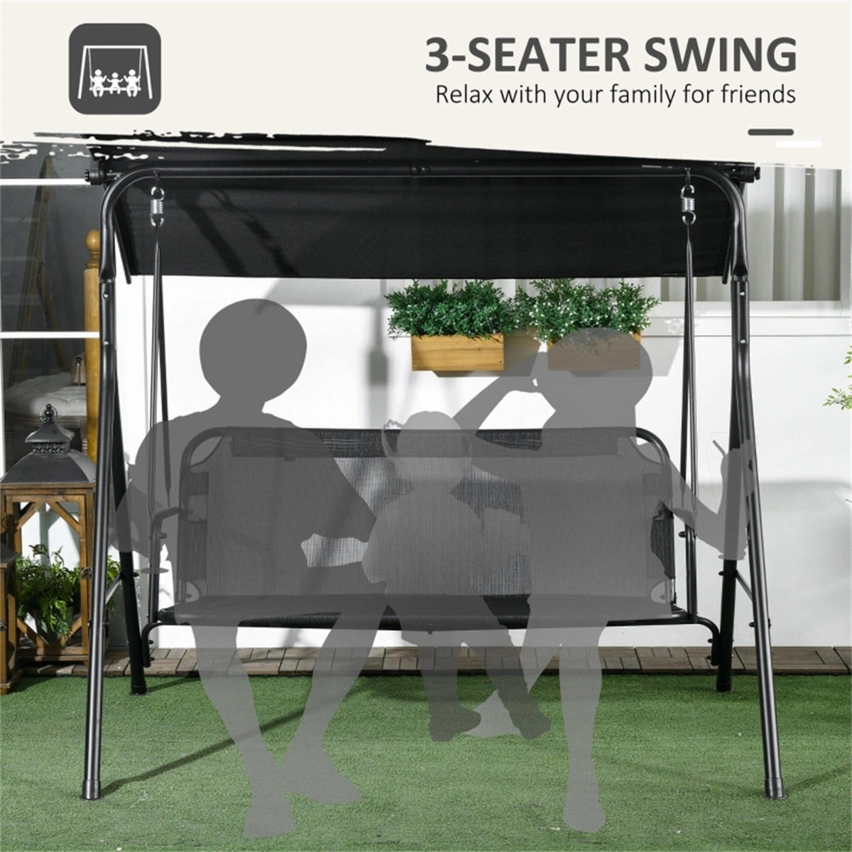 3-Seat Outdoor Patio Swing Chair, Black Wicker 3-Person Cushioned Swing Bench for Garden Porch Deck, Weather-Resistant view 2