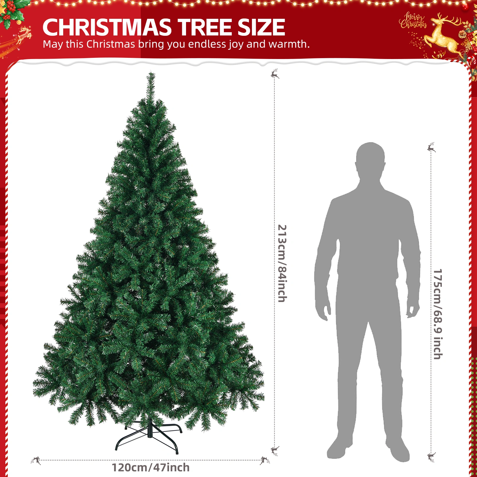 7ft Artificial Christmas Tree, Unlit Pine Tree with 850 Branch Tips, Sturdy Metal Stand, Holiday Decor for Home Office Party, Green view 2