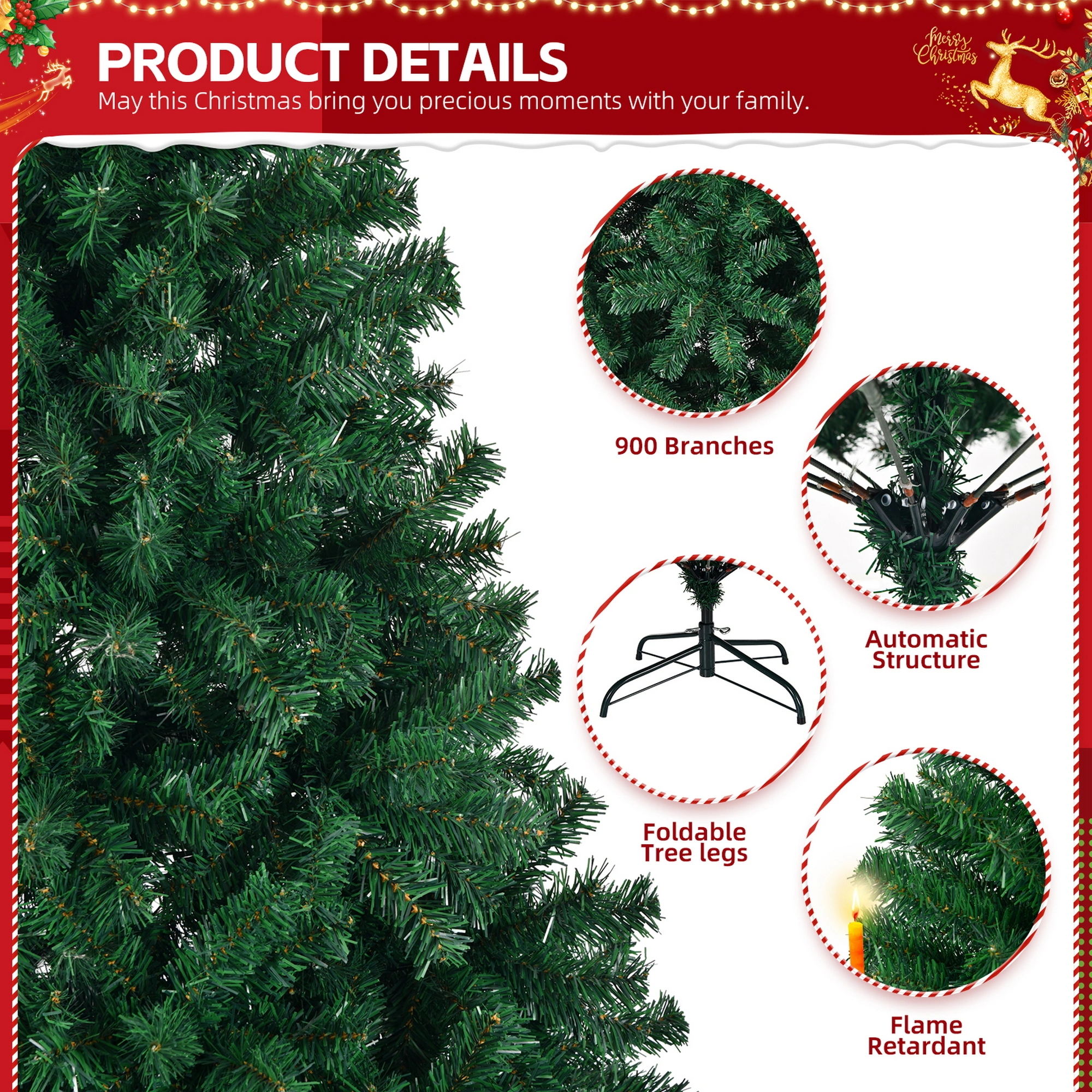 7ft Artificial Christmas Tree, Unlit Pine Tree with 850 Branch Tips, Sturdy Metal Stand, Holiday Decor for Home Office Party, Green view 3