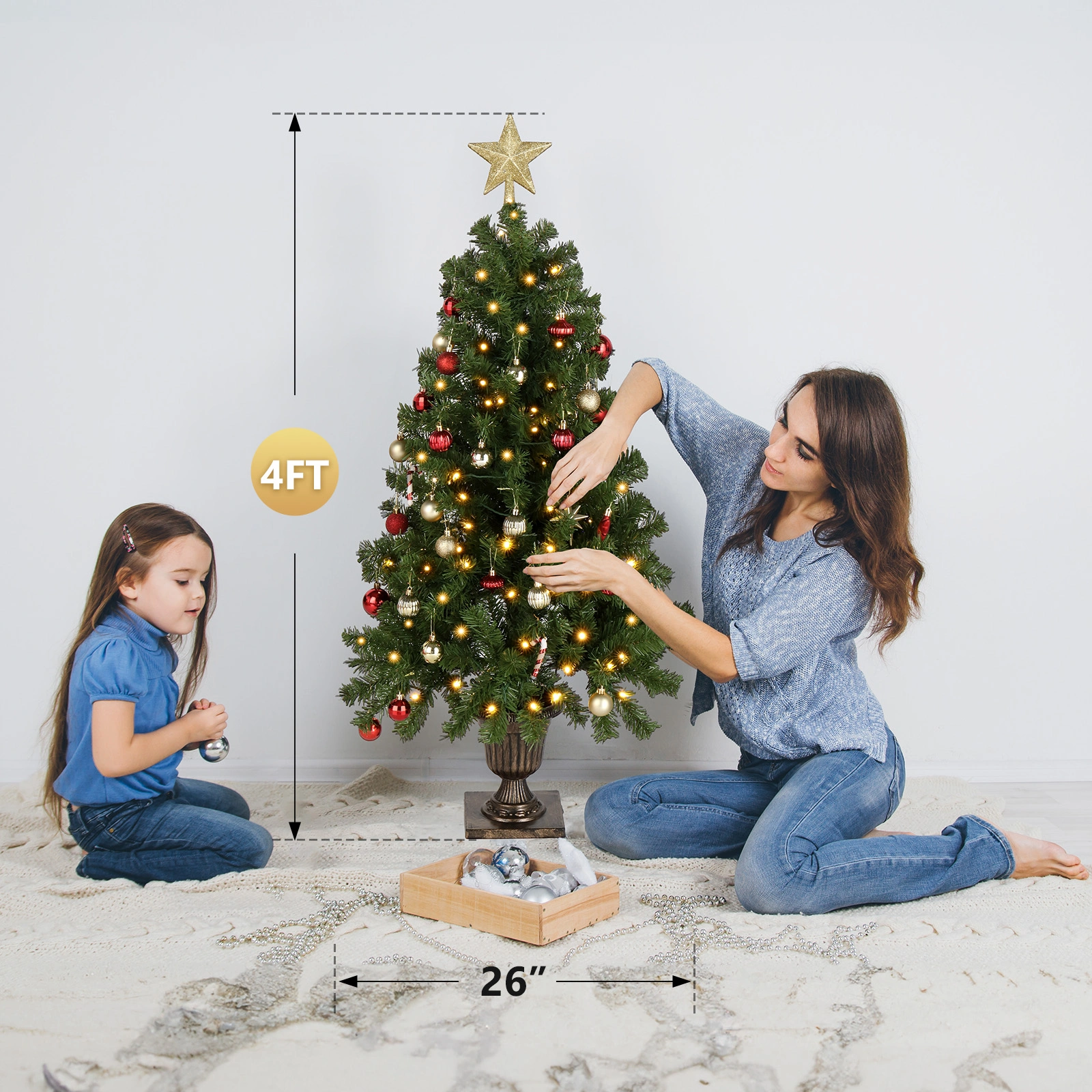 4FT Pre-Lit Artificial Christmas Tree with Trophy Base, Potted Xmas Tree, 120 Warm Lights, 211 Branch Tips, Remote Control, Green Holiday Decor for Home Office Party view 2