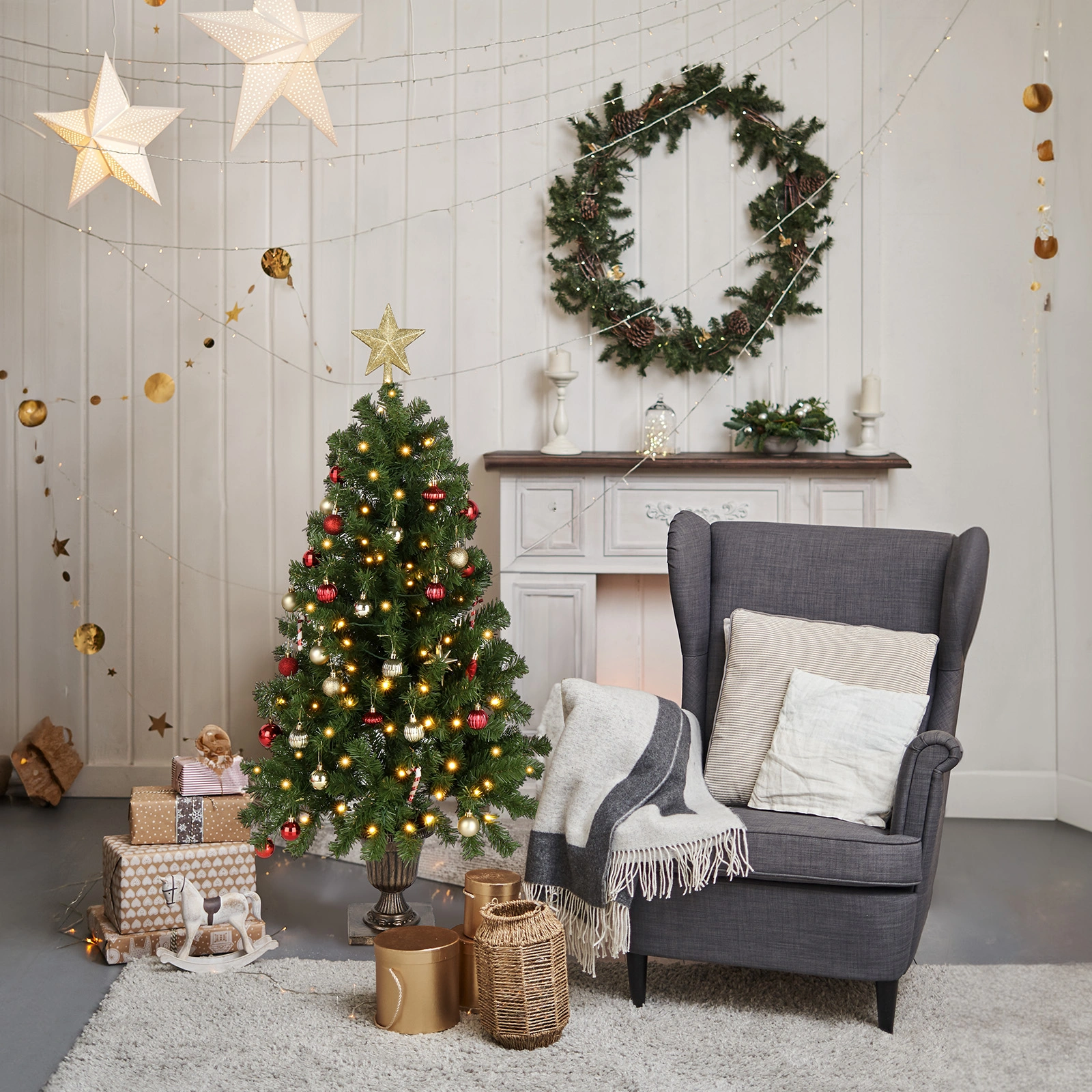 4FT Pre-Lit Artificial Christmas Tree with Trophy Base, Potted Xmas Tree, 120 Warm Lights, 211 Branch Tips, Remote Control, Green Holiday Decor for Home Office Party view 5