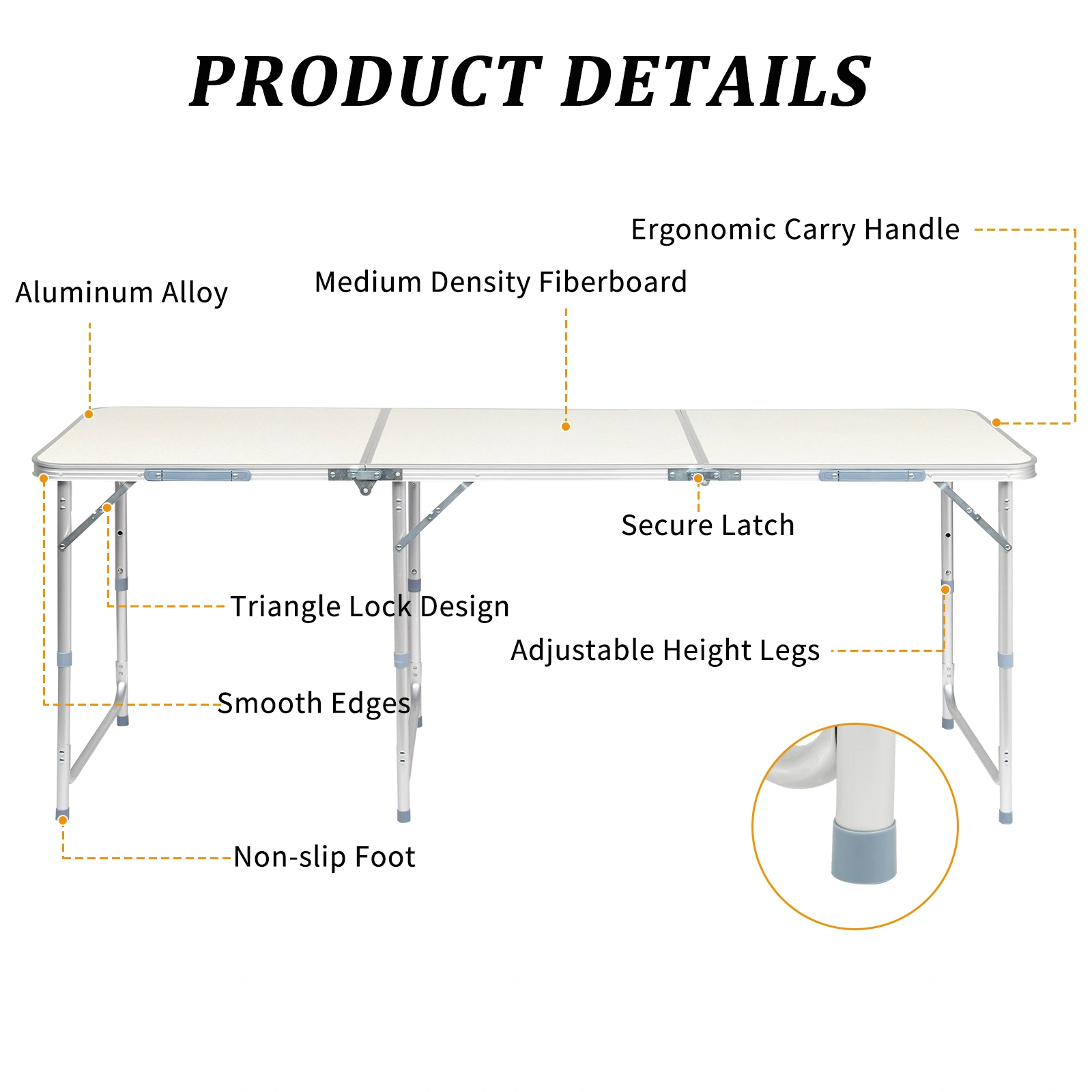 180 x 60 x 70cm Aluminum Alloy Folding Table White view 26