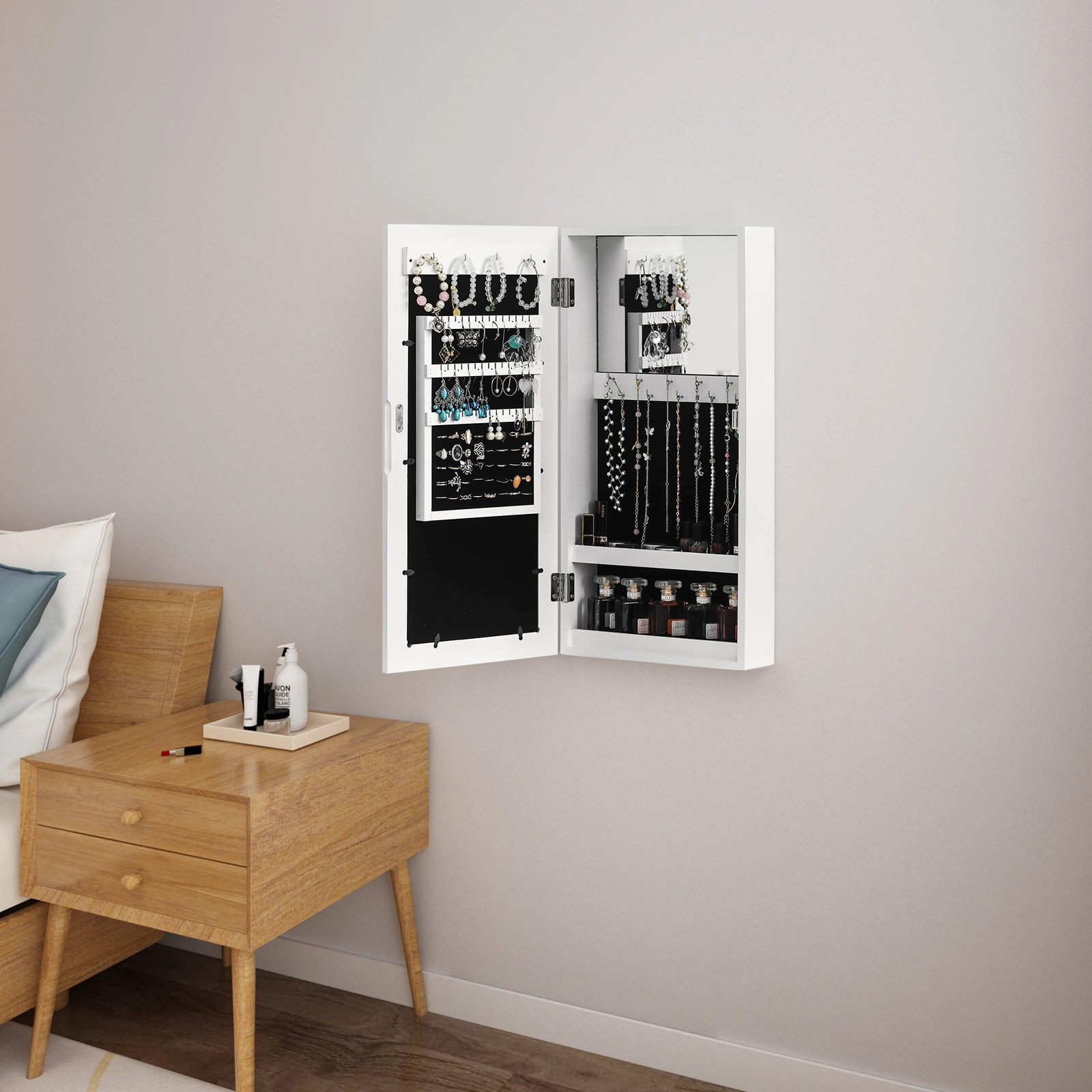 Simple PVC Wood Grain Coating Photo Storage Damp-proof Jewelry Mirror Cabinet White view 23