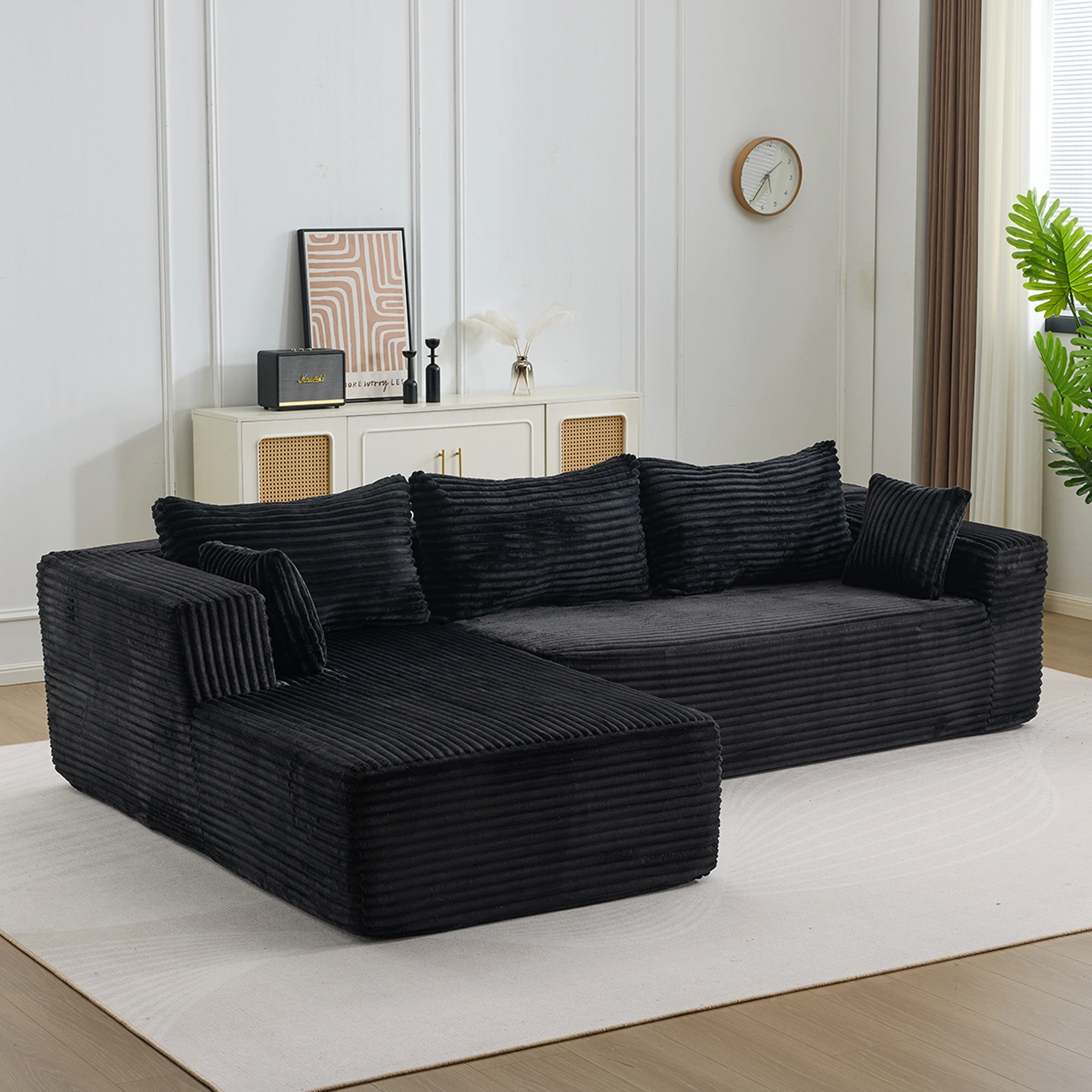 Compression Sectional Couch with Chaise, Boneless L Shape Sofa, Deep Seat Modular Sleeper, Corduroy Black for Living Room Bedroom Apartment view 2