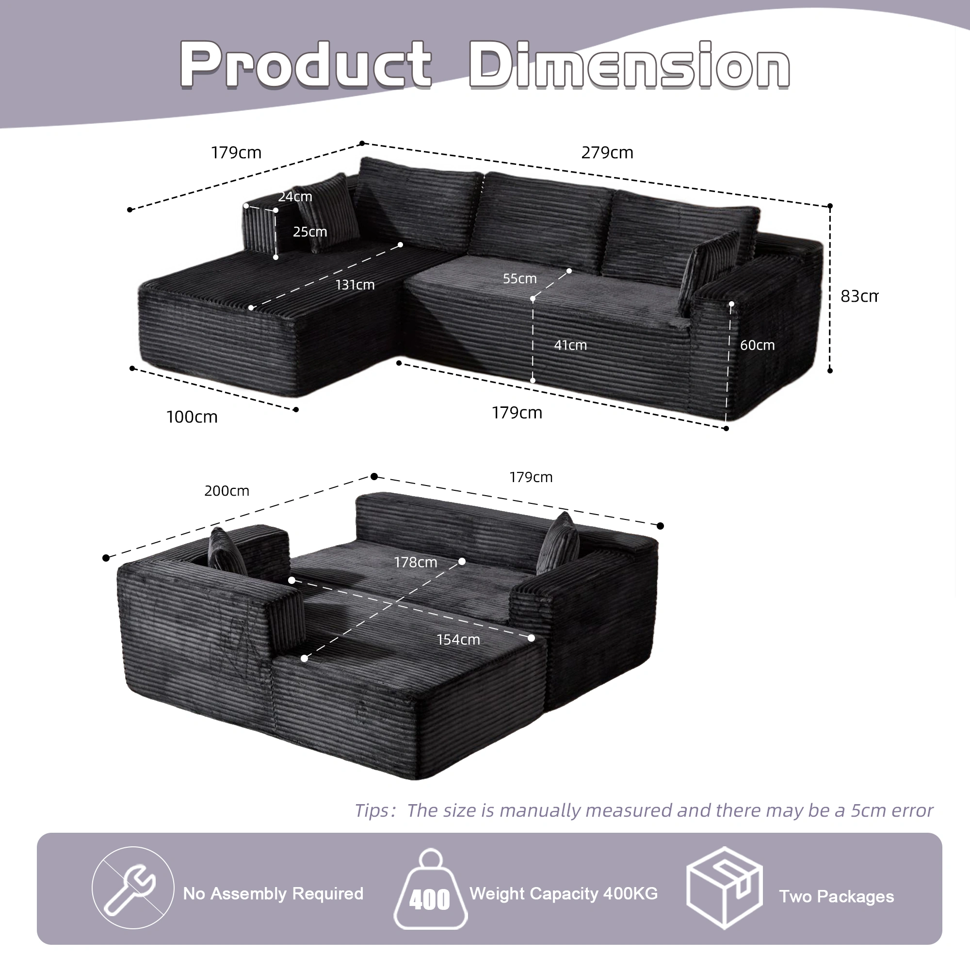 Compression Sectional Couch with Chaise, Boneless L Shape Sofa, Deep Seat Modular Sleeper, Corduroy Black for Living Room Bedroom Apartment view 3