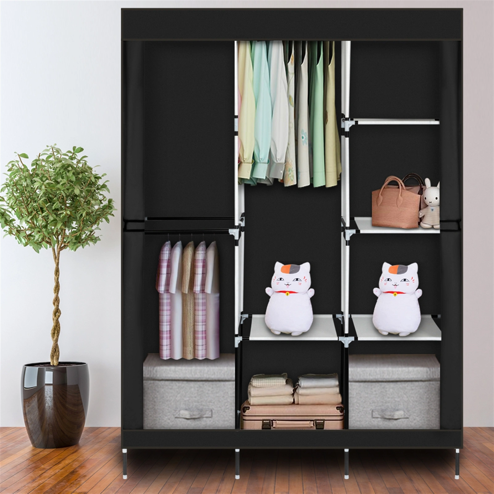 71" Portable Closet Wardrobe with Shelf, Black Clothes Storage Rack Organizer view 2