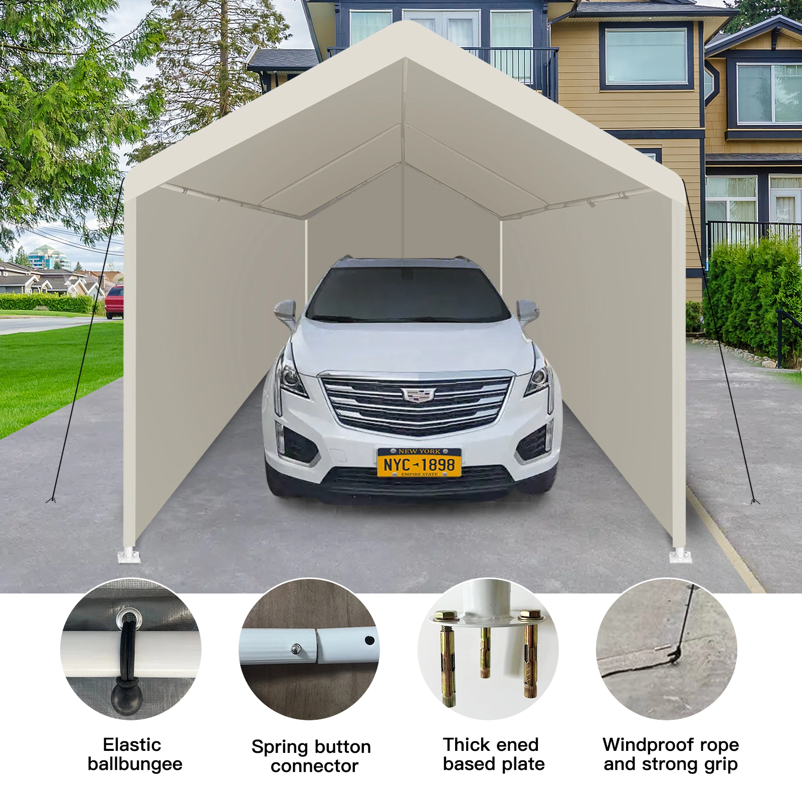 Heavy Duty Portable Carport 12x20 ft, Outdoor Garage Shelter Tent with Steel Frame, Waterproof Car Cover Storage Canopy, White view 4