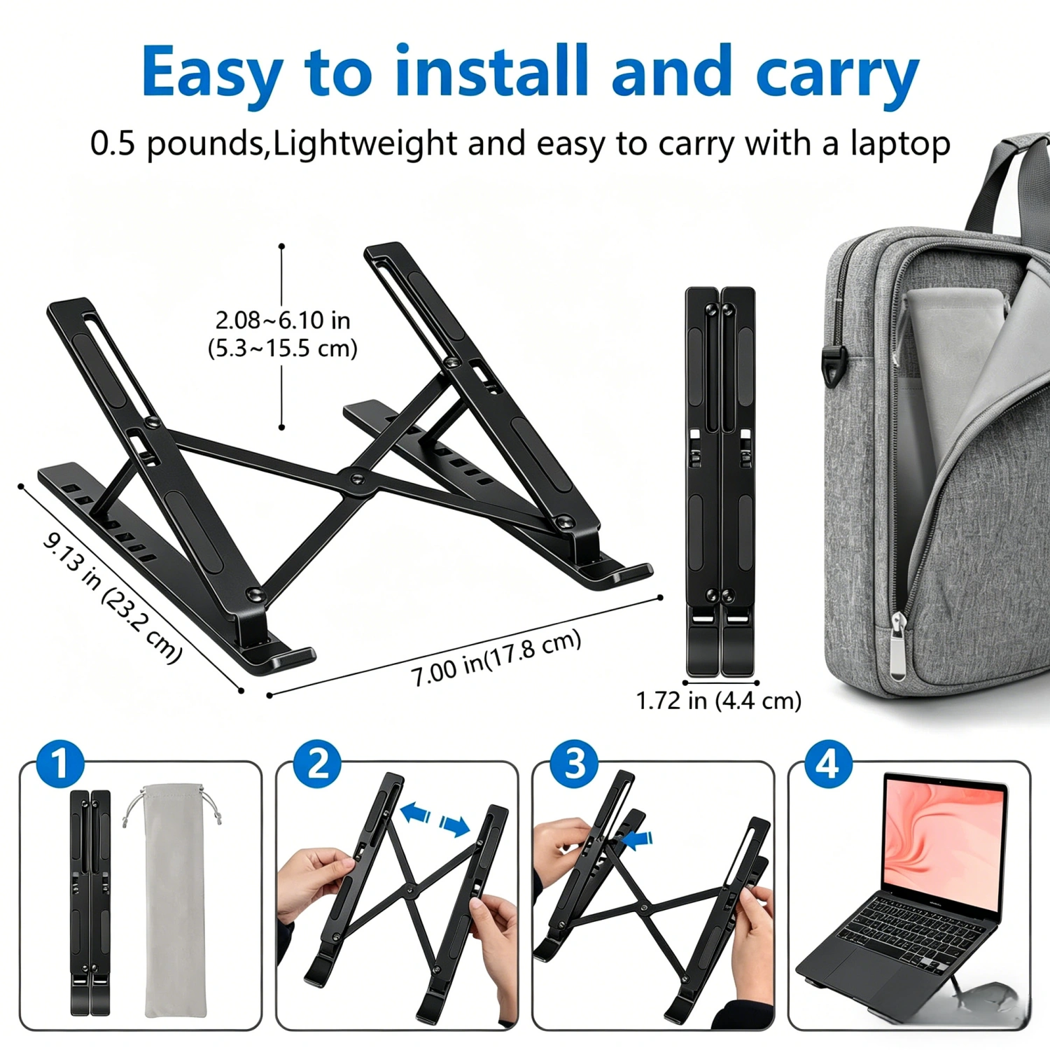 Portable Laptop Stand Adjustable Foldable, Ergonomic Notebook Riser, Lightweight Tablet Holder for Desk, Compatible with MacBook, PC, iPad, Surface view 7