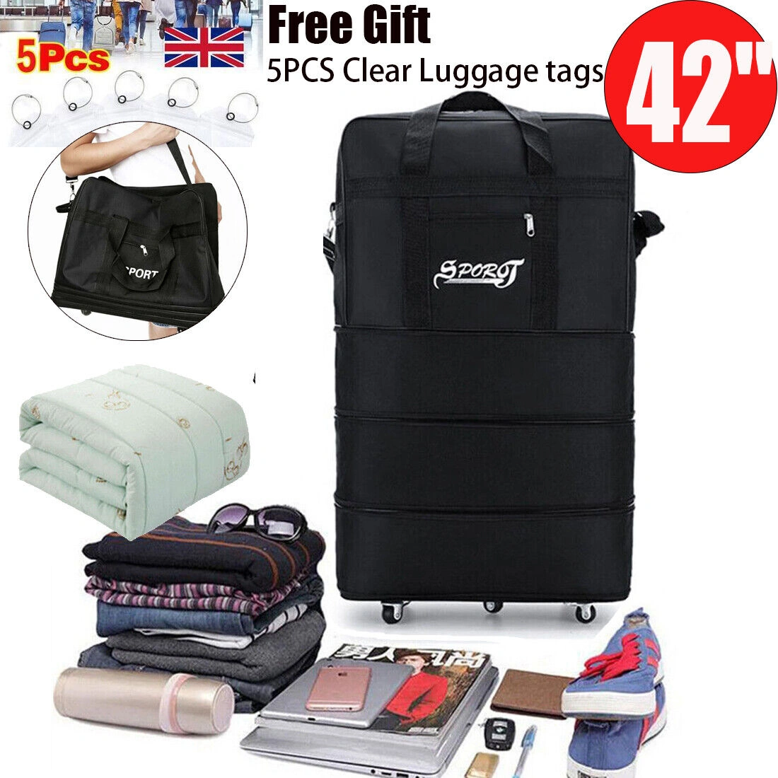 42 Inch Extra Large Lightweight Luggage Trolley Suitcase with Wheels, Travel Bag & Handbag for UK Flights view 2