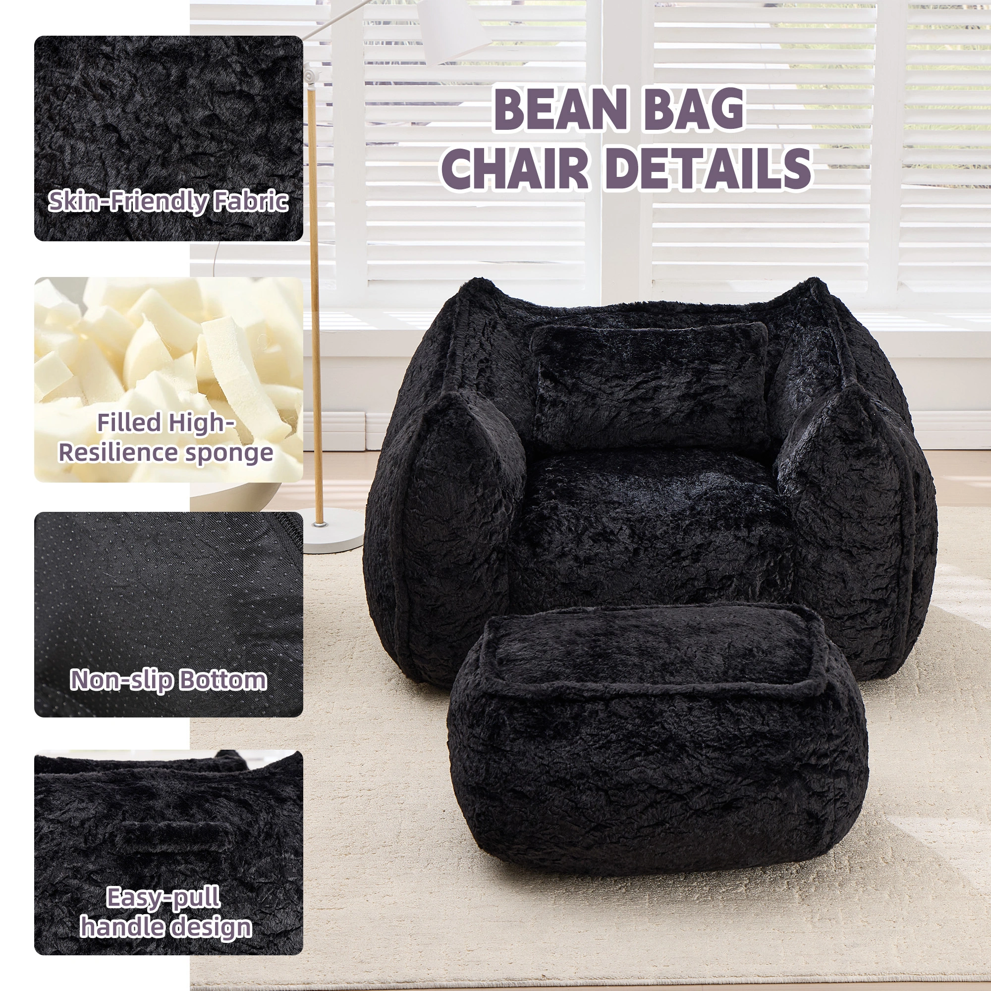 Giant Bean Bag Chair for Adults &Kids Faux Fur Bean Bag Sofa Chairs with Pillow &Ottoman, Comfy Reading & Gaming Beanbag Couch for Bedroom Living Room, Black view 4