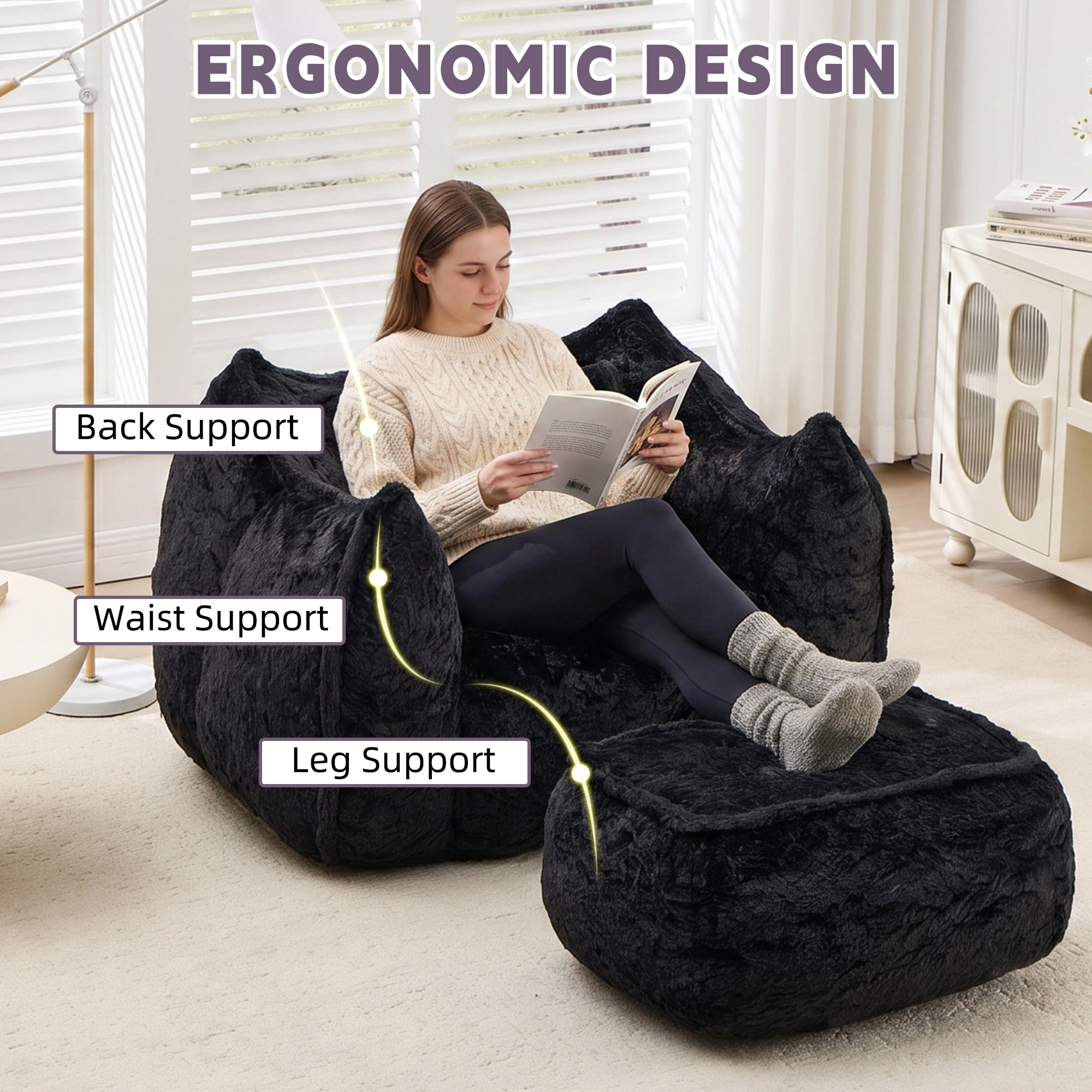 Giant Bean Bag Chair for Adults &Kids Faux Fur Bean Bag Sofa Chairs with Pillow &Ottoman, Comfy Reading & Gaming Beanbag Couch for Bedroom Living Room, Black view 5