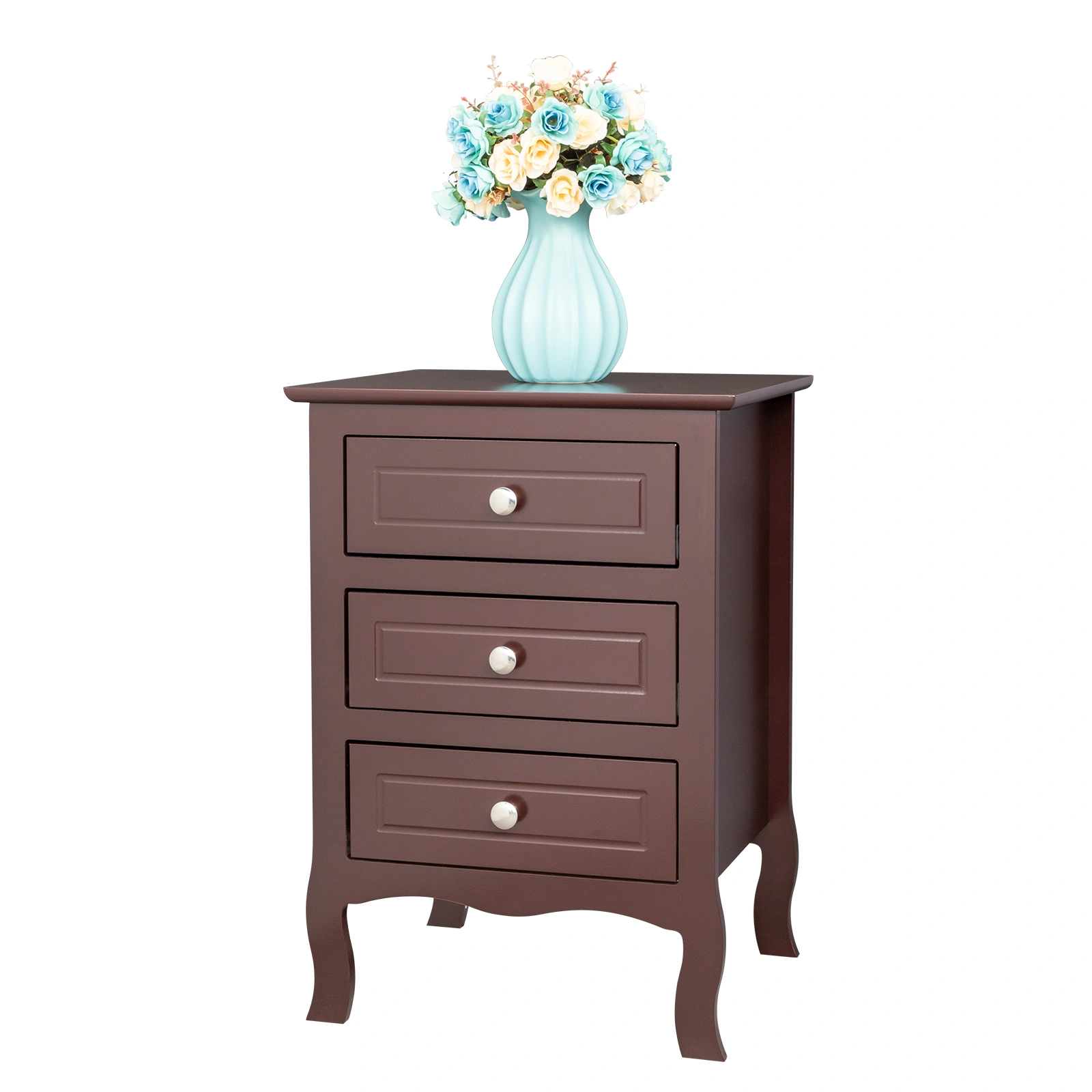 Brown Night Stand Table with 3 Drawers, 45x38x63cm Country Style Large Bedside Table for Bedroom, Living Room