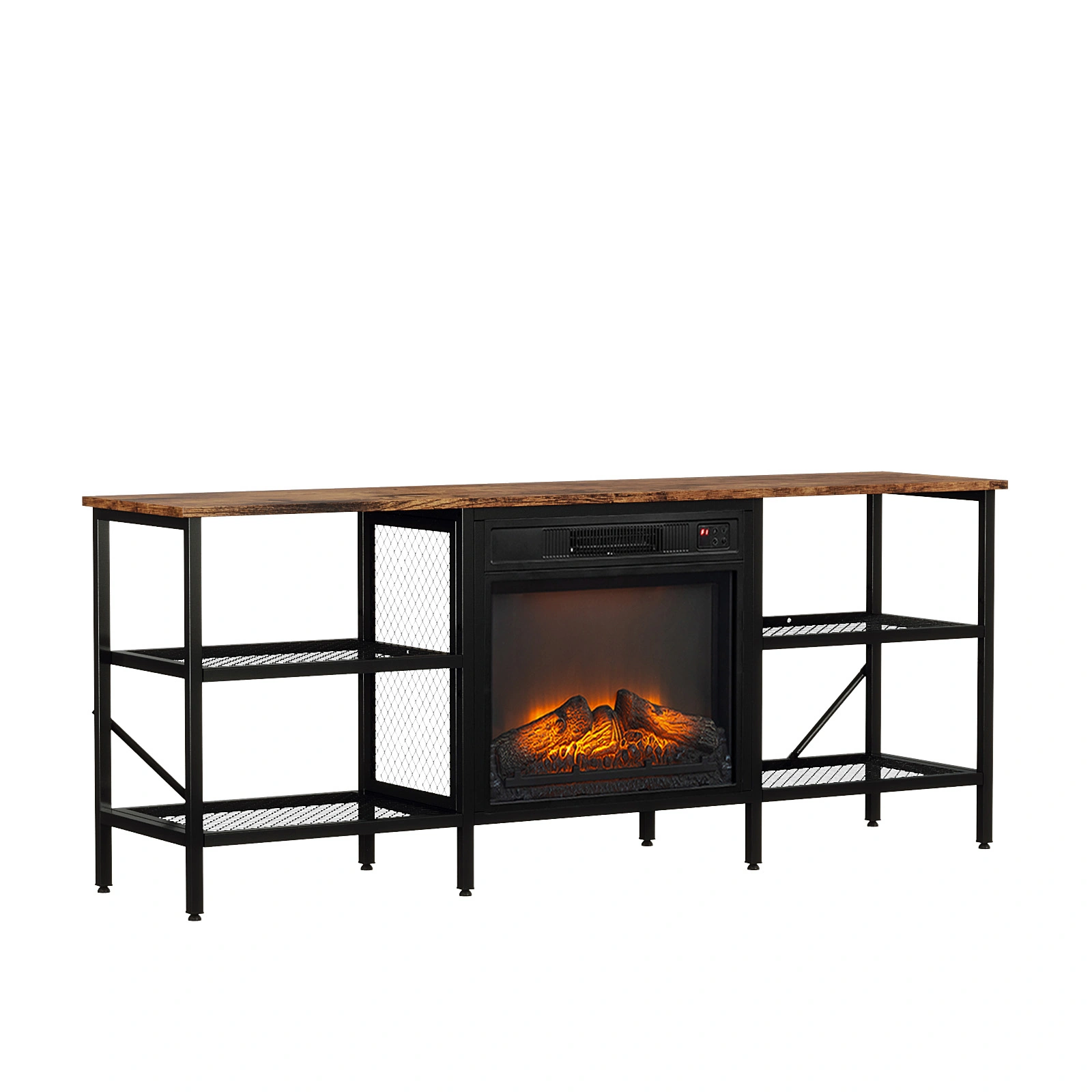 58" Weathered Wood Fireplace TV Stand Console with 4 Shelves, Fits 18" Electric Fireplace Insert