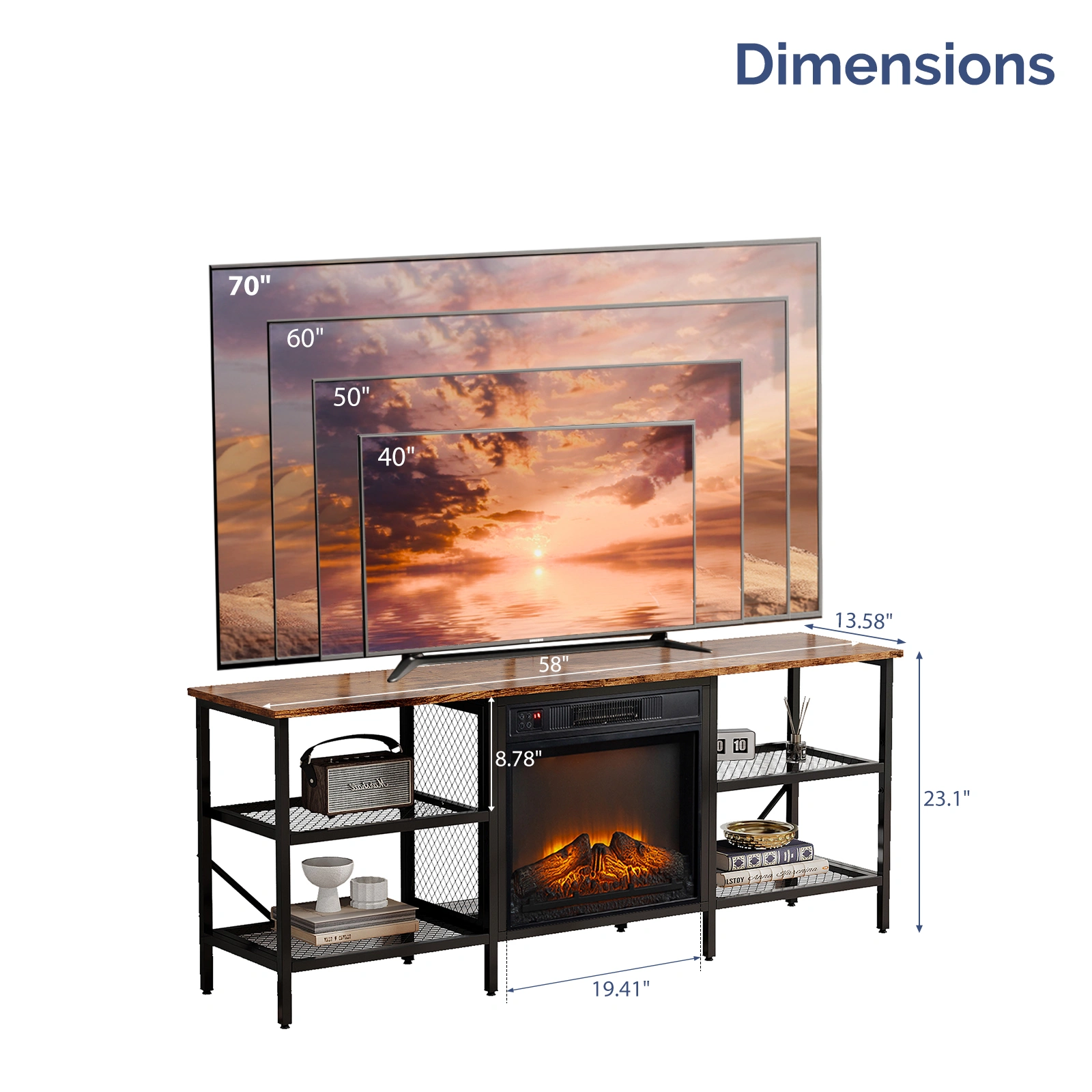 58" Weathered Wood Fireplace TV Stand Console with 4 Shelves, Fits 18" Electric Fireplace Insert view 4