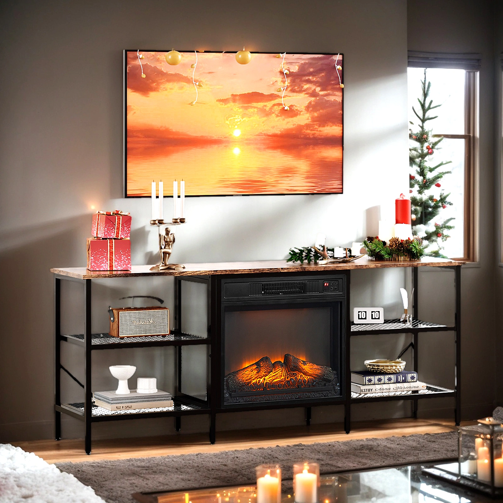 58" Weathered Wood Fireplace TV Stand Console with 4 Shelves, Fits 18" Electric Fireplace Insert view 6