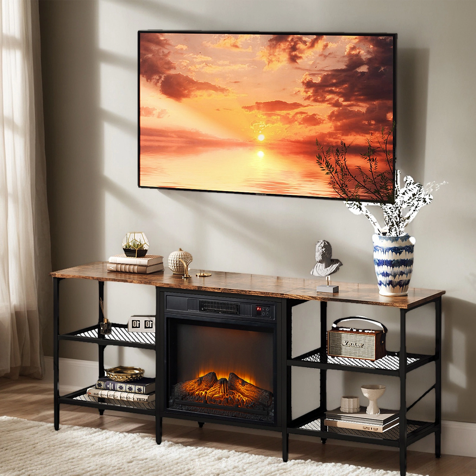 58" Weathered Wood Fireplace TV Stand Console with 4 Shelves, Fits 18" Electric Fireplace Insert view 7