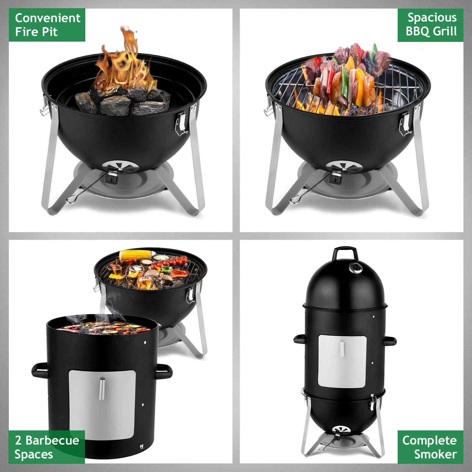 Vertical Steel Charcoal Smoker, Heavy Duty Three Layer Round BBQ Grill Smokey Mountain Cooker for Outdoor Cooking, Black view 11