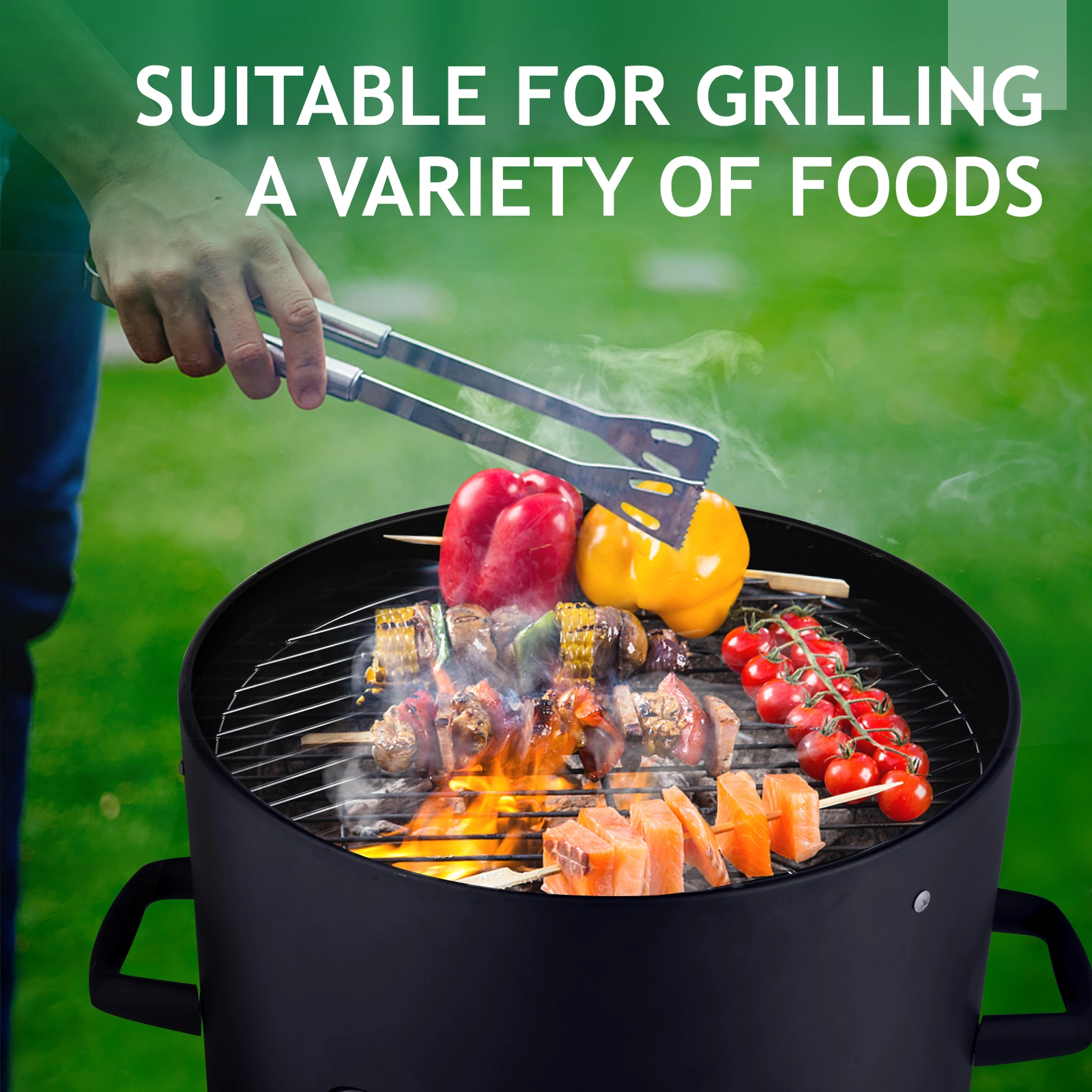Vertical Steel Charcoal Smoker, Heavy Duty Three Layer Round BBQ Grill Smokey Mountain Cooker for Outdoor Cooking, Black view 12