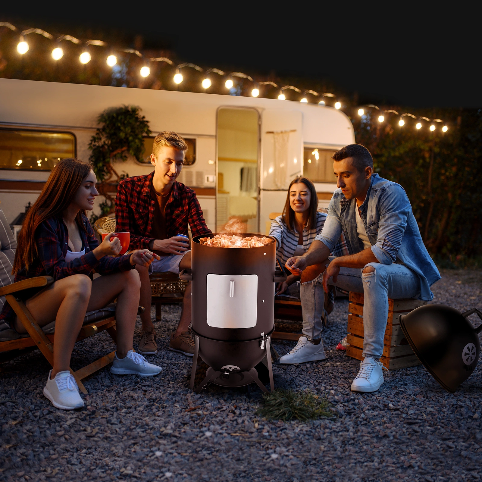 Vertical Steel Charcoal Smoker, Heavy Duty Three Layer Round BBQ Grill Smokey Mountain Cooker for Outdoor Cooking, Black view 8
