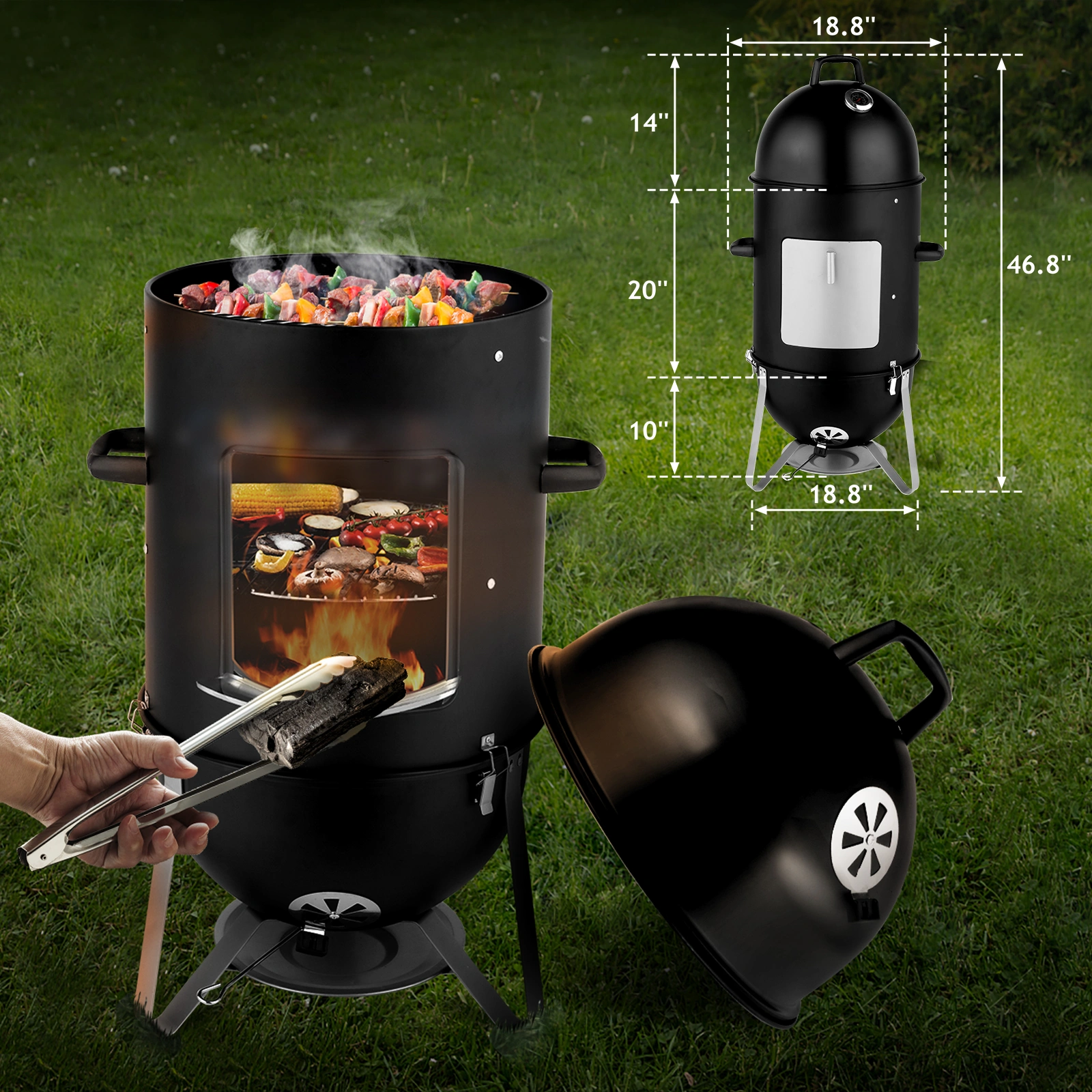 Vertical Steel Charcoal Smoker, Heavy Duty Three Layer Round BBQ Grill Smokey Mountain Cooker for Outdoor Cooking, Black view 9