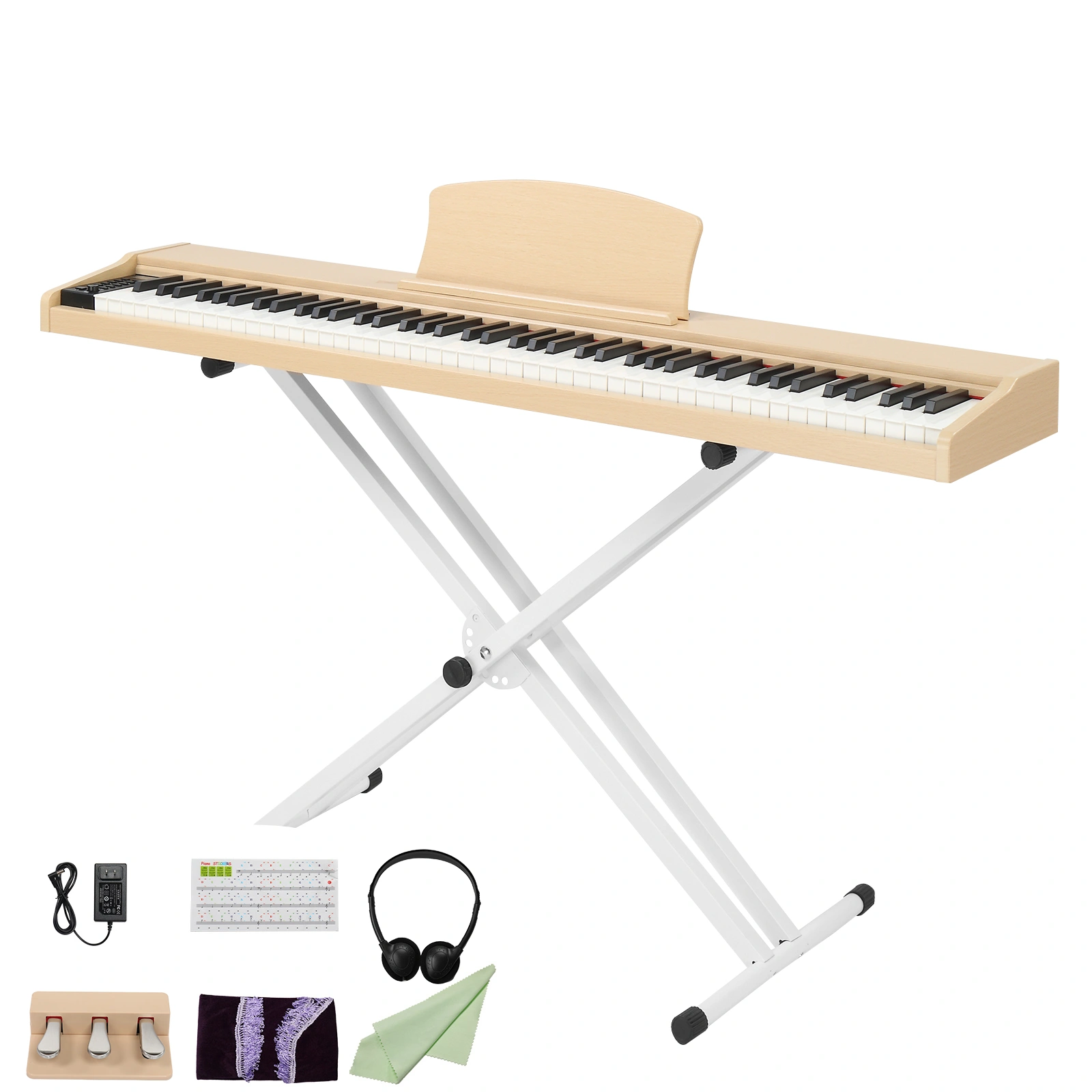 GPP-107 88 Key Full Size Semi-Weighted Standard Keyboards Wooden Digital Piano with Stand, MIDI Bluetooth, Triple Pedals,Headphone and other accessories,for Piano beginner Natural Teak color view 2