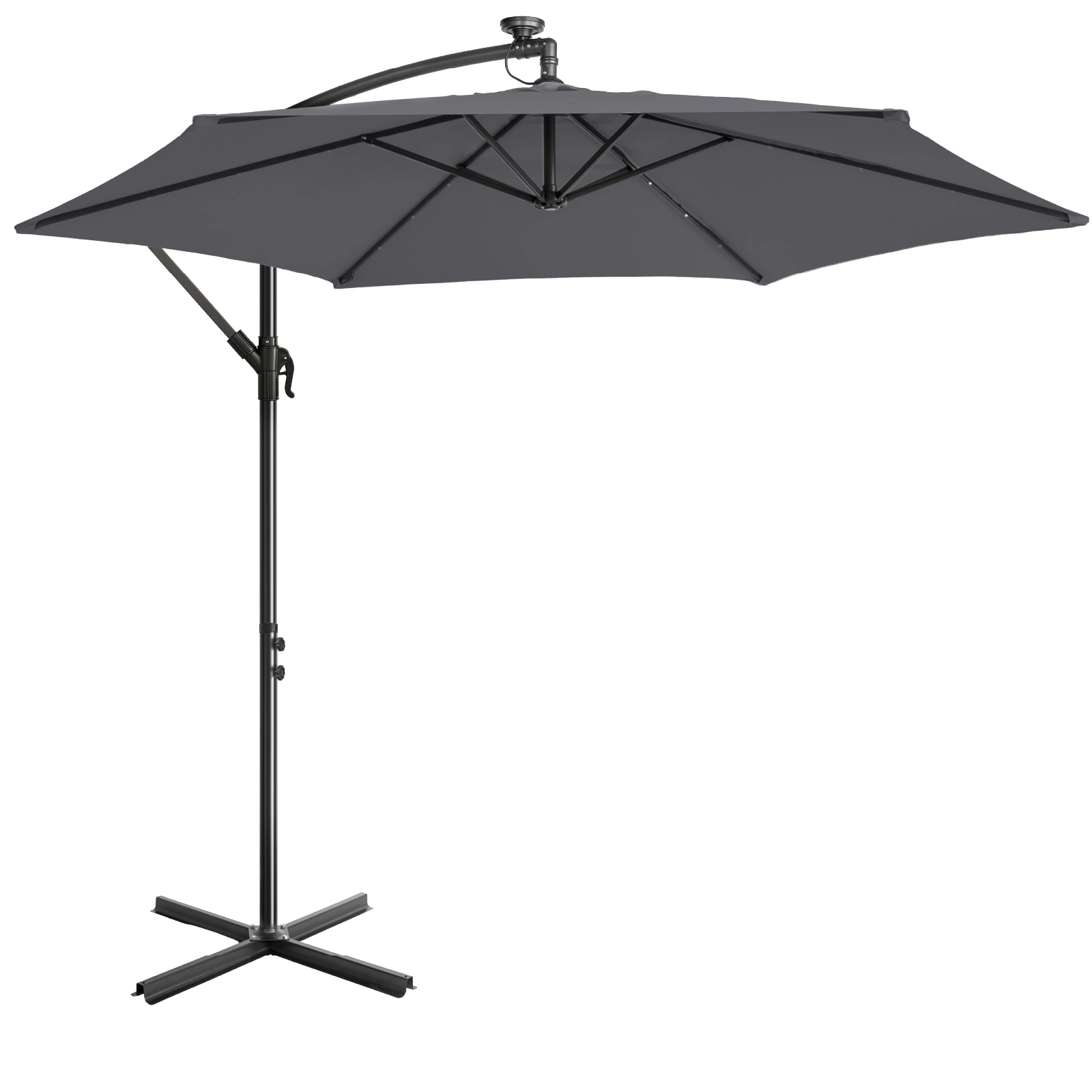 10FT Round Banana Hanging Patio Umbrella with 18 LED Lights, 6 Iron Ribs, Iron Straight & Curved Pole, Waterproof Polyester Canopy, with Stand Sleeve and Cross Base, Gray view 13