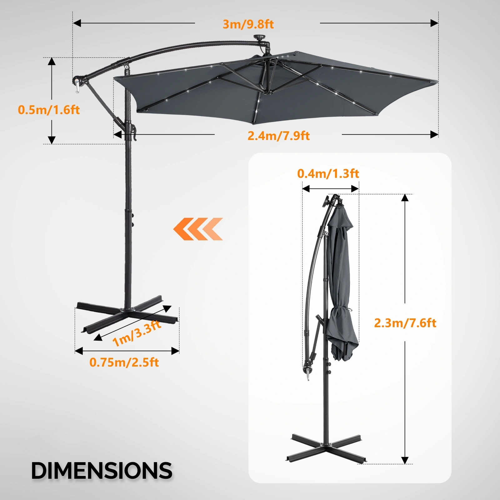 10FT Round Banana Hanging Patio Umbrella with 18 LED Lights, 6 Iron Ribs, Iron Straight & Curved Pole, Waterproof Polyester Canopy, with Stand Sleeve and Cross Base, Gray view 14