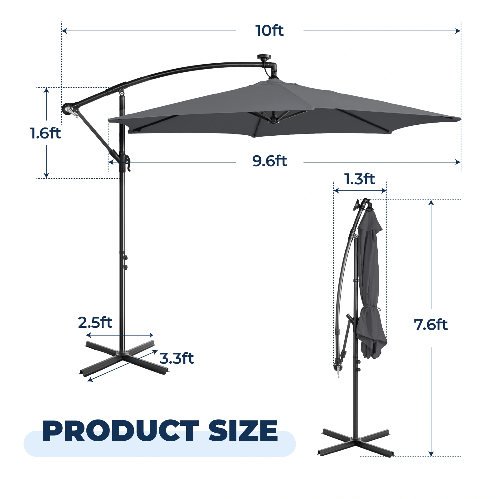 10FT Round Banana Hanging Patio Umbrella with 18 LED Lights, 6 Iron Ribs, Iron Straight & Curved Pole, Waterproof Polyester Canopy, with Stand Sleeve and Cross Base, Gray view 15