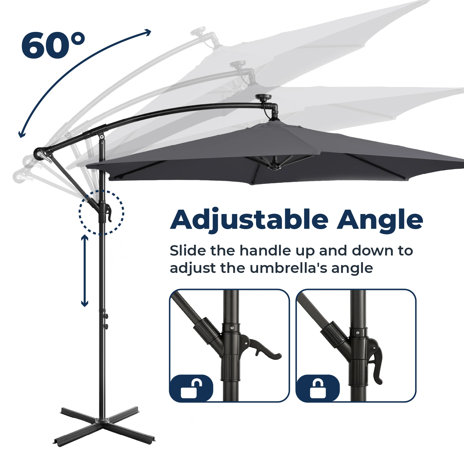10FT Round Banana Hanging Patio Umbrella with 18 LED Lights, 6 Iron Ribs, Iron Straight & Curved Pole, Waterproof Polyester Canopy, with Stand Sleeve and Cross Base, Gray view 16