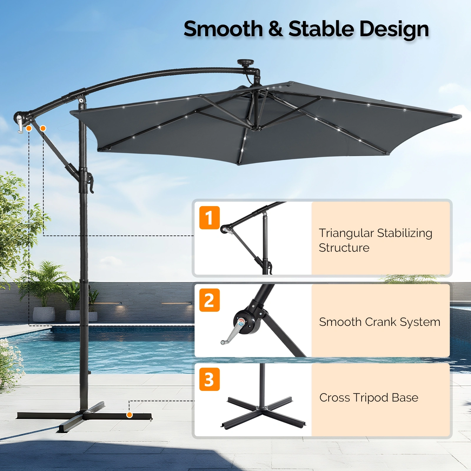 10FT Round Banana Hanging Patio Umbrella with 18 LED Lights, 6 Iron Ribs, Iron Straight & Curved Pole, Waterproof Polyester Canopy, with Stand Sleeve and Cross Base, Gray view 17