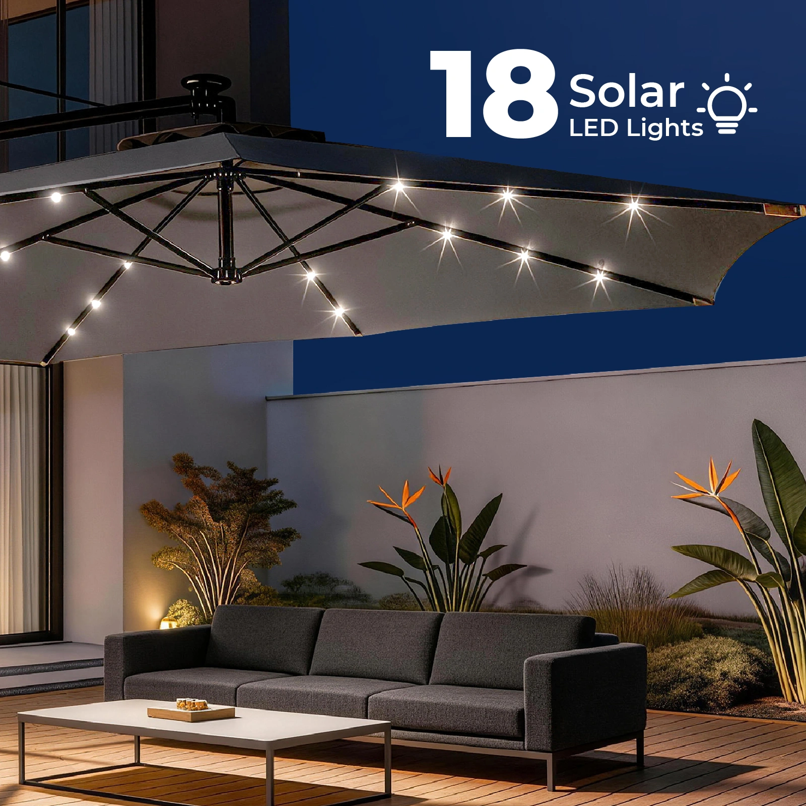 10FT Round Banana Hanging Patio Umbrella with 18 LED Lights, 6 Iron Ribs, Iron Straight & Curved Pole, Waterproof Polyester Canopy, with Stand Sleeve and Cross Base, Gray view 25