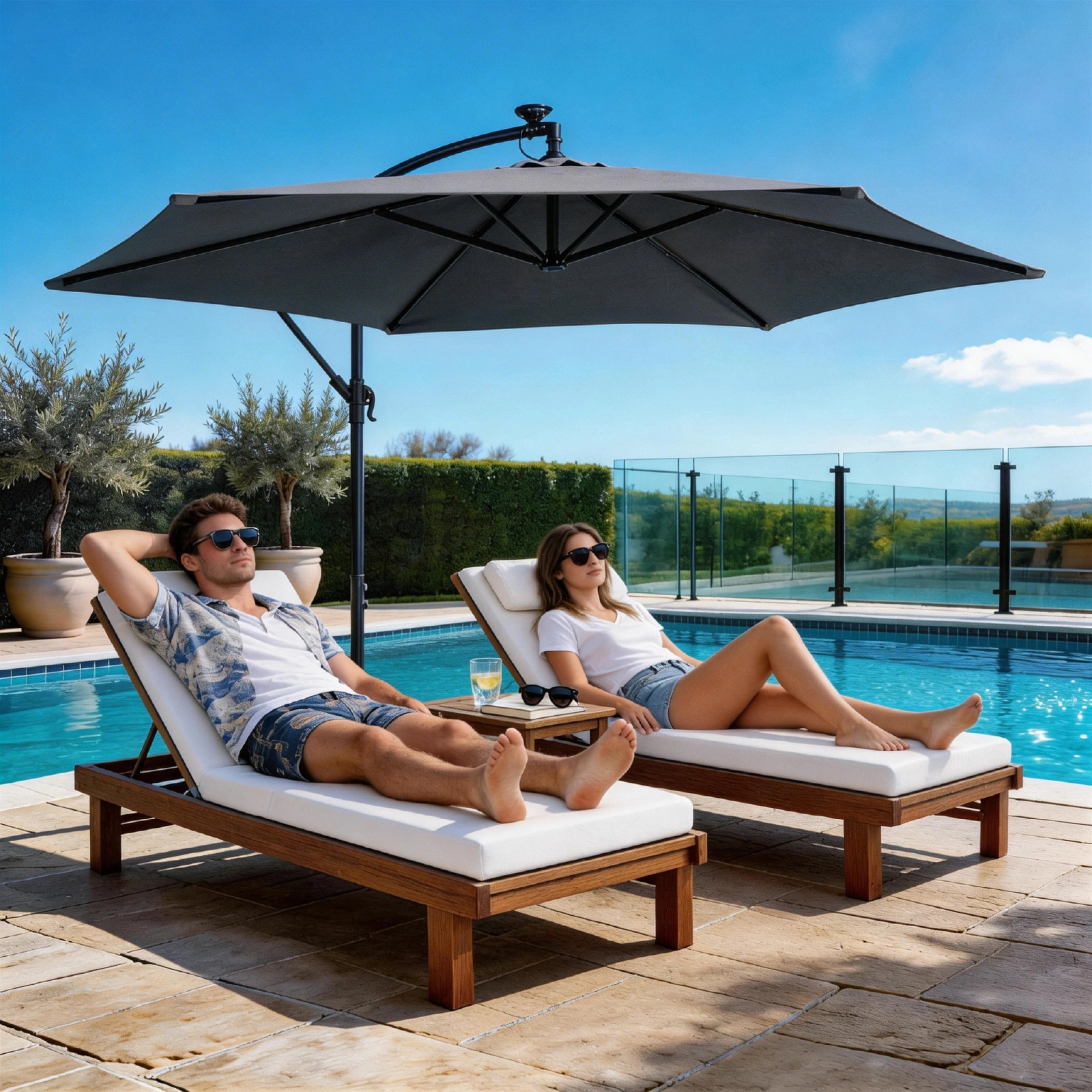10FT Round Banana Hanging Patio Umbrella with 18 LED Lights, 6 Iron Ribs, Iron Straight & Curved Pole, Waterproof Polyester Canopy, with Stand Sleeve and Cross Base, Gray view 27