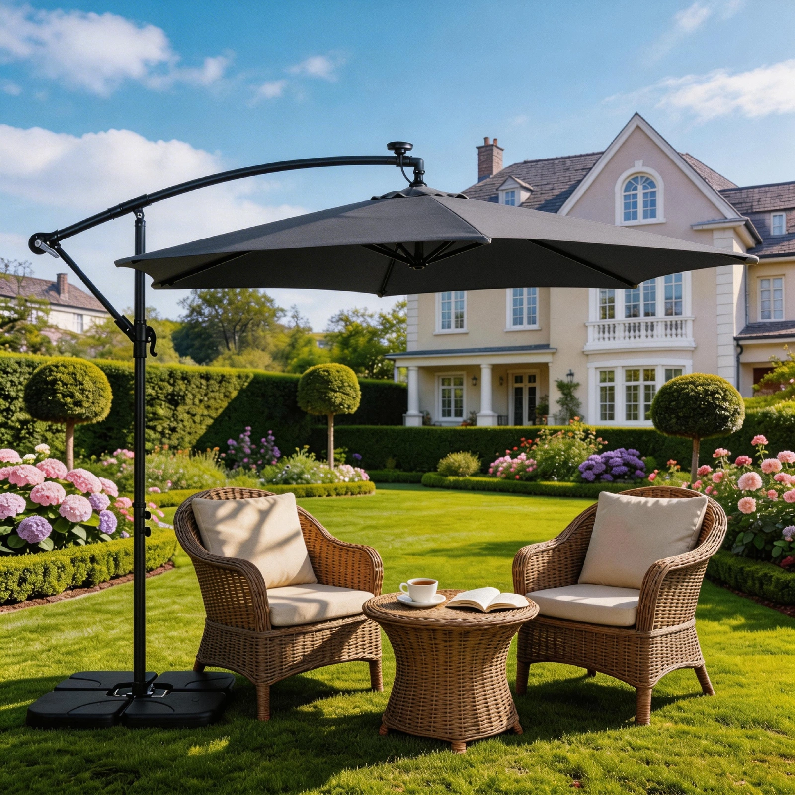 10FT Round Banana Hanging Patio Umbrella with 18 LED Lights, 6 Iron Ribs, Iron Straight & Curved Pole, Waterproof Polyester Canopy, with Stand Sleeve and Cross Base, Gray view 28