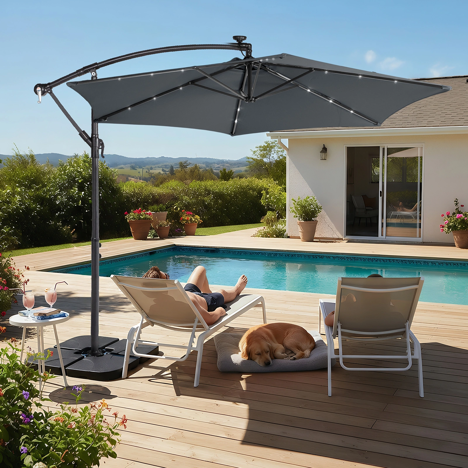 10FT Round Banana Hanging Patio Umbrella with 18 LED Lights, 6 Iron Ribs, Iron Straight & Curved Pole, Waterproof Polyester Canopy, with Stand Sleeve and Cross Base, Gray view 30