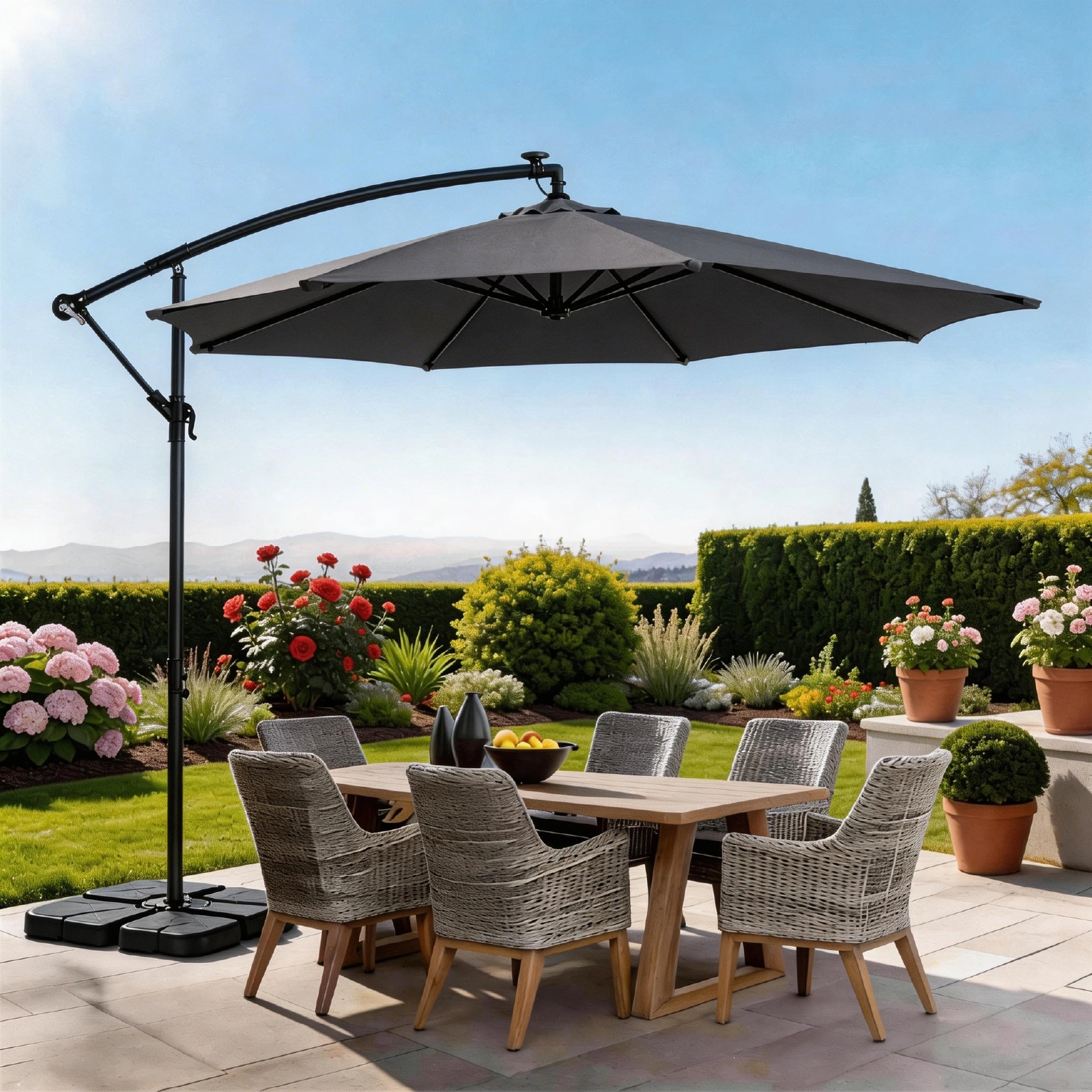 10FT Round Banana Hanging Patio Umbrella with 18 LED Lights, 6 Iron Ribs, Iron Straight & Curved Pole, Waterproof Polyester Canopy, with Stand Sleeve and Cross Base, Gray view 32