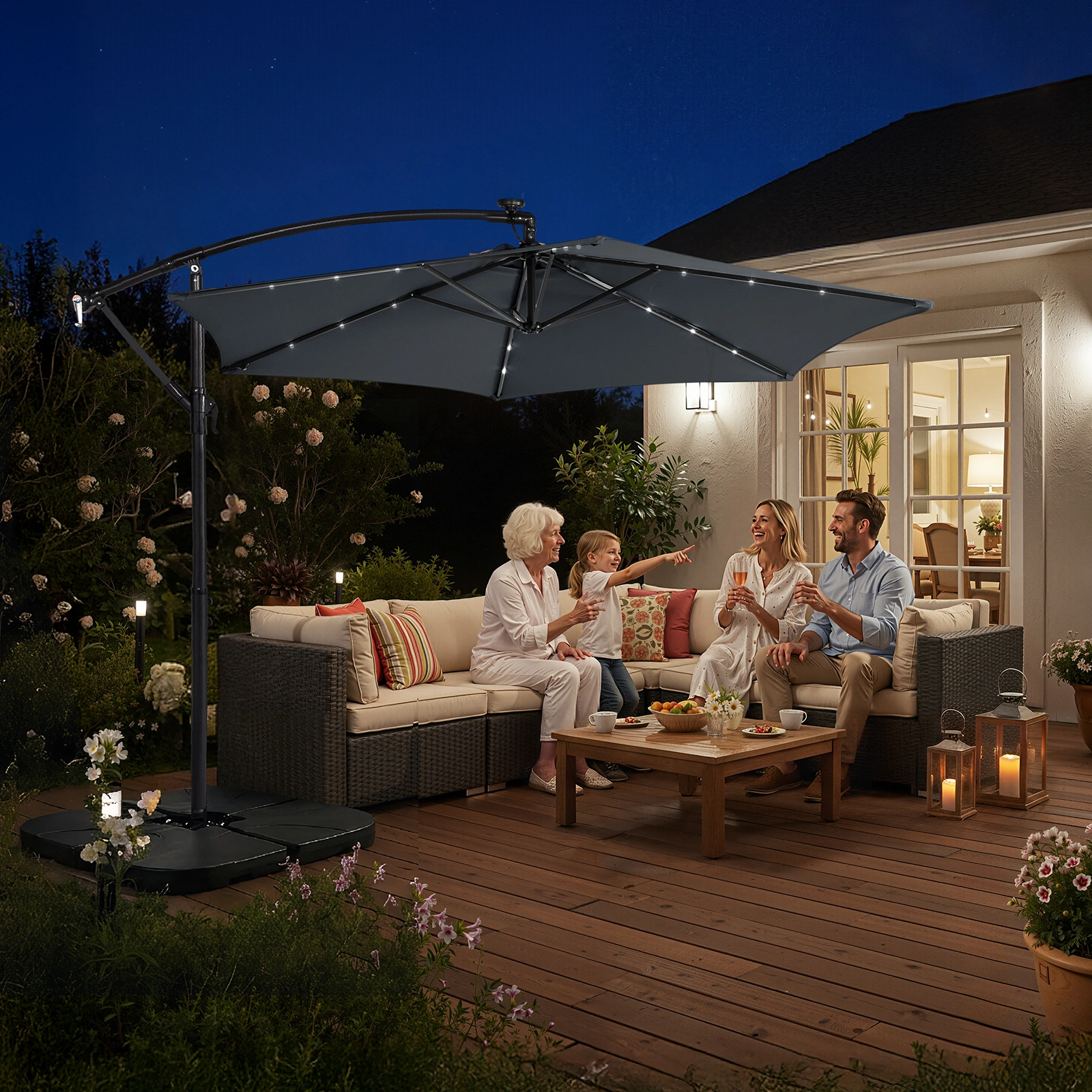 10FT Round Banana Hanging Patio Umbrella with 18 LED Lights, 6 Iron Ribs, Iron Straight & Curved Pole, Waterproof Polyester Canopy, with Stand Sleeve and Cross Base, Gray view 33