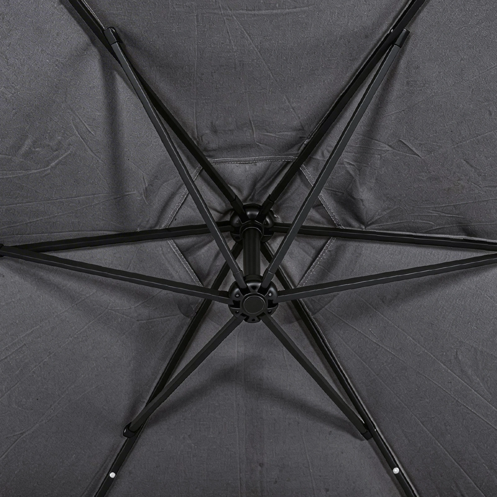 10FT Round Banana Hanging Patio Umbrella with 18 LED Lights, 6 Iron Ribs, Iron Straight & Curved Pole, Waterproof Polyester Canopy, with Stand Sleeve and Cross Base, Gray view 6