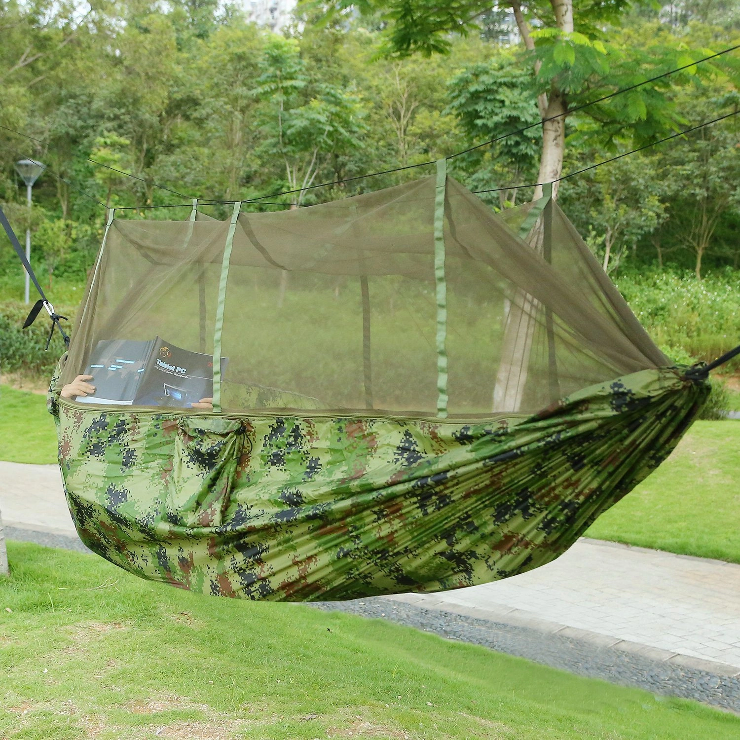 Portable Camping Hammock with Mosquito Net, 600lbs Double Hammock for 2 Person, Nylon Hanging Bed w/Straps Carabiners & Carry Bag for Outdoor Hiking view 2