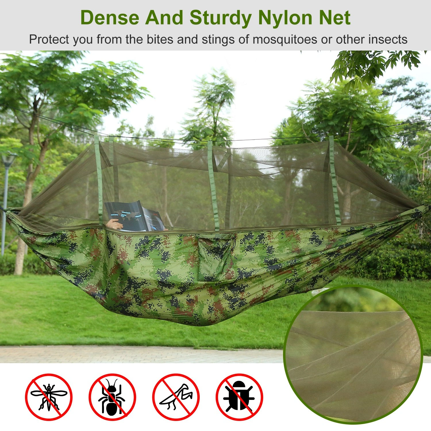 Portable Camping Hammock with Mosquito Net, 600lbs Double Hammock for 2 Person, Nylon Hanging Bed w/Straps Carabiners & Carry Bag for Outdoor Hiking view 3