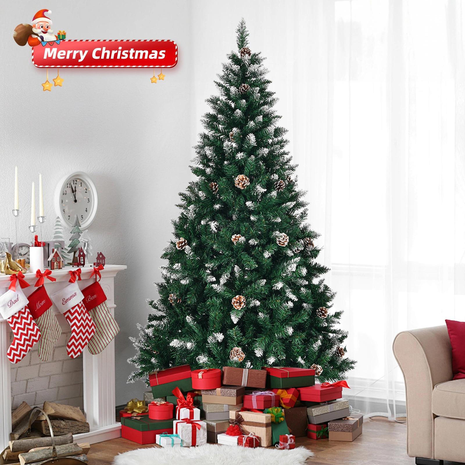 5 FT Artificial Snow Tipped Christmas Tree with Pine Cones 420 Branch Tips Unlit Xmas Tree Sturdy Metal Stand for Home Office Party Holiday Decoration Green view 3
