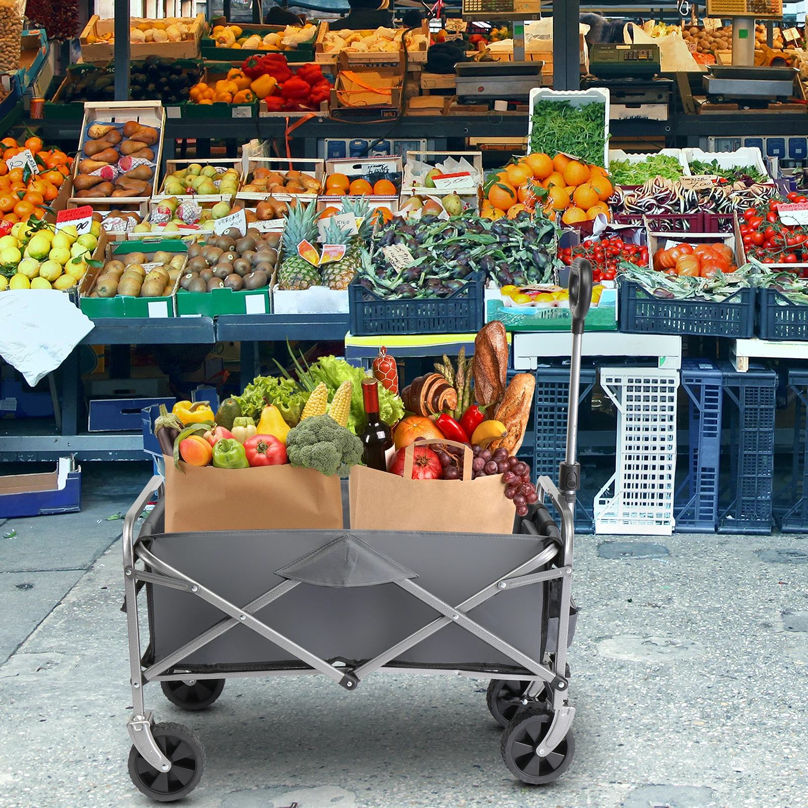 74.5*45.5*84cm 100kg 600d Oxford Cloth Steel Frame Flat Folding Style Grey Cloth Silver Frame Garden Folding Cart view 2