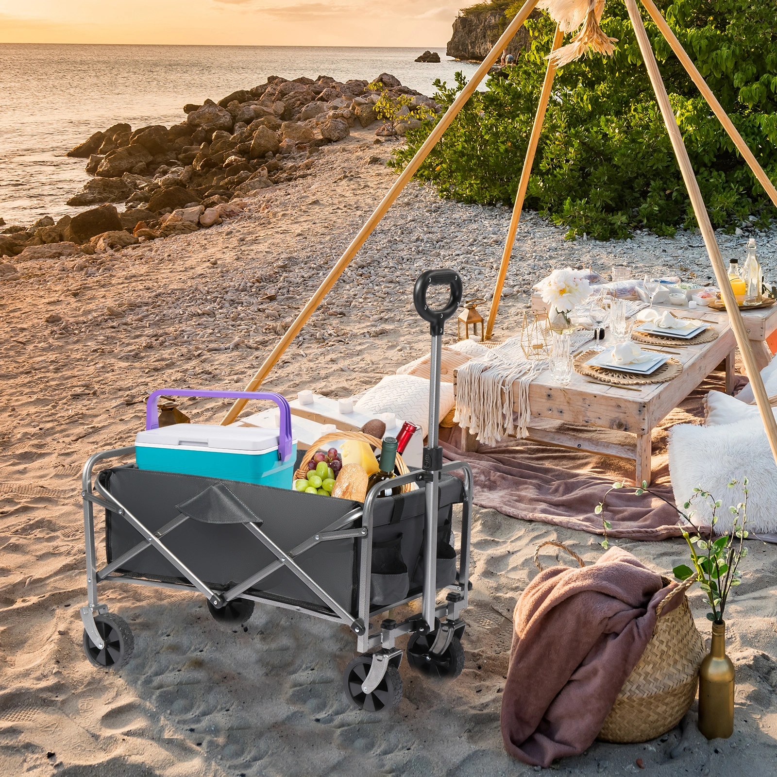 74.5*45.5*84cm 100kg 600d Oxford Cloth Steel Frame Flat Folding Style Grey Cloth Silver Frame Garden Folding Cart view 5