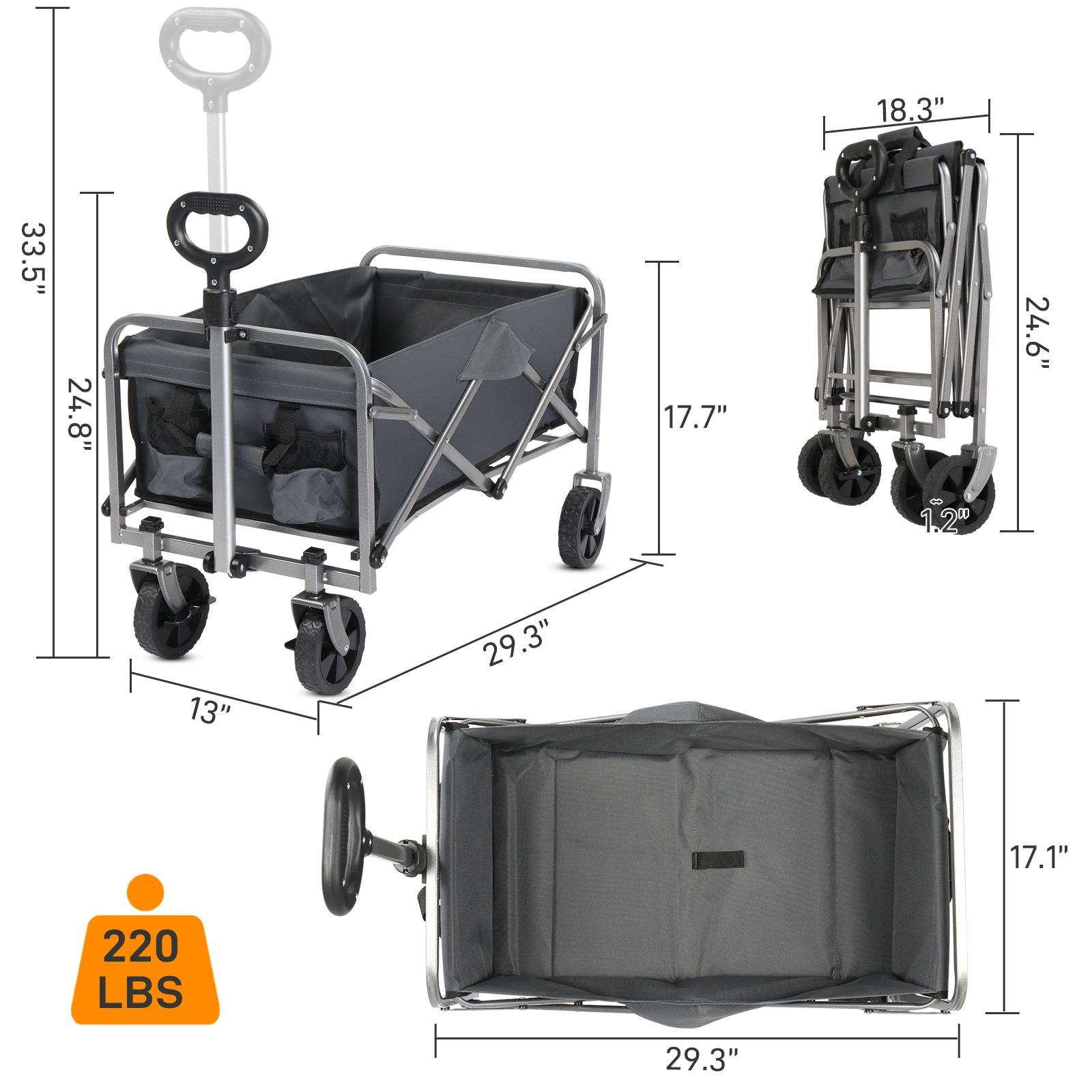 74.5*45.5*84cm 100kg 600d Oxford Cloth Steel Frame Flat Folding Style Grey Cloth Silver Frame Garden Folding Cart view 7
