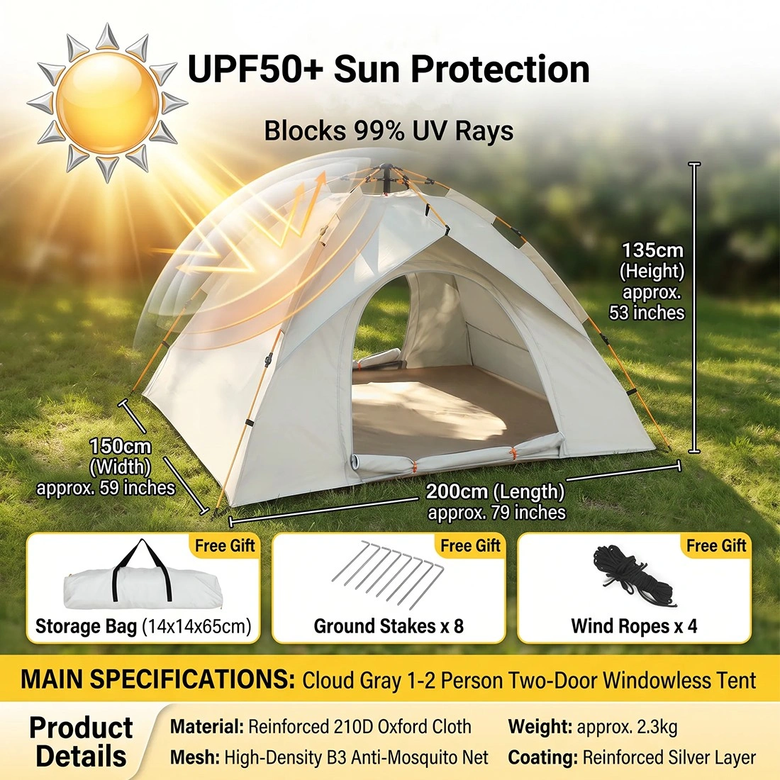 3-4 Person Automatic Pop-Up Camping Tent Waterproof Instant Setup Double Layer view 5