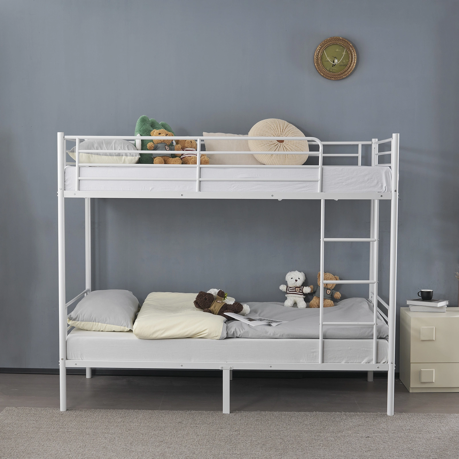 Twin Over Twin Bunk Bed, Heavy Duty Metal Loft Bed with Ladder & Full-Length Guard Rails & Storage Shelf, White, for Kids Teens Adults view 3
