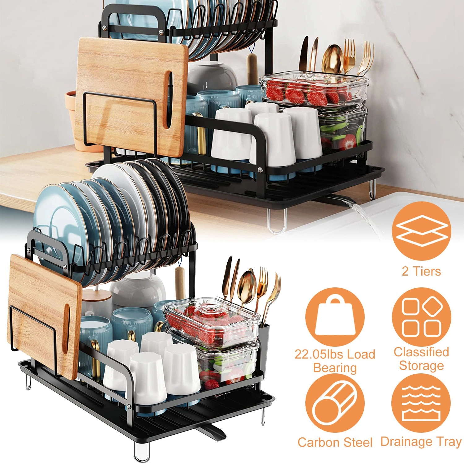 2-Tier Dish Drying Rack 16.65x14.57x13.11in Kitchen Dish Rack with Drainboard Utensil Holder Bowl Rack