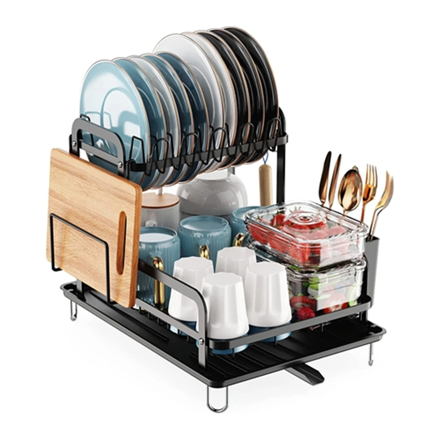 2-Tier Dish Drying Rack 16.65x14.57x13.11in Kitchen Dish Rack with Drainboard Utensil Holder Bowl Rack view 2